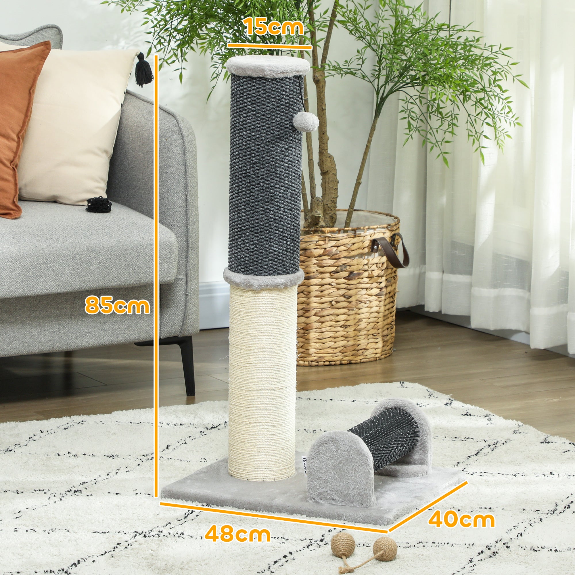 Arranhador para Gatos 40x48x85 cm Cinzento - Combina Arranhador, Escova de Auto Higiene e Bola Suspensa
