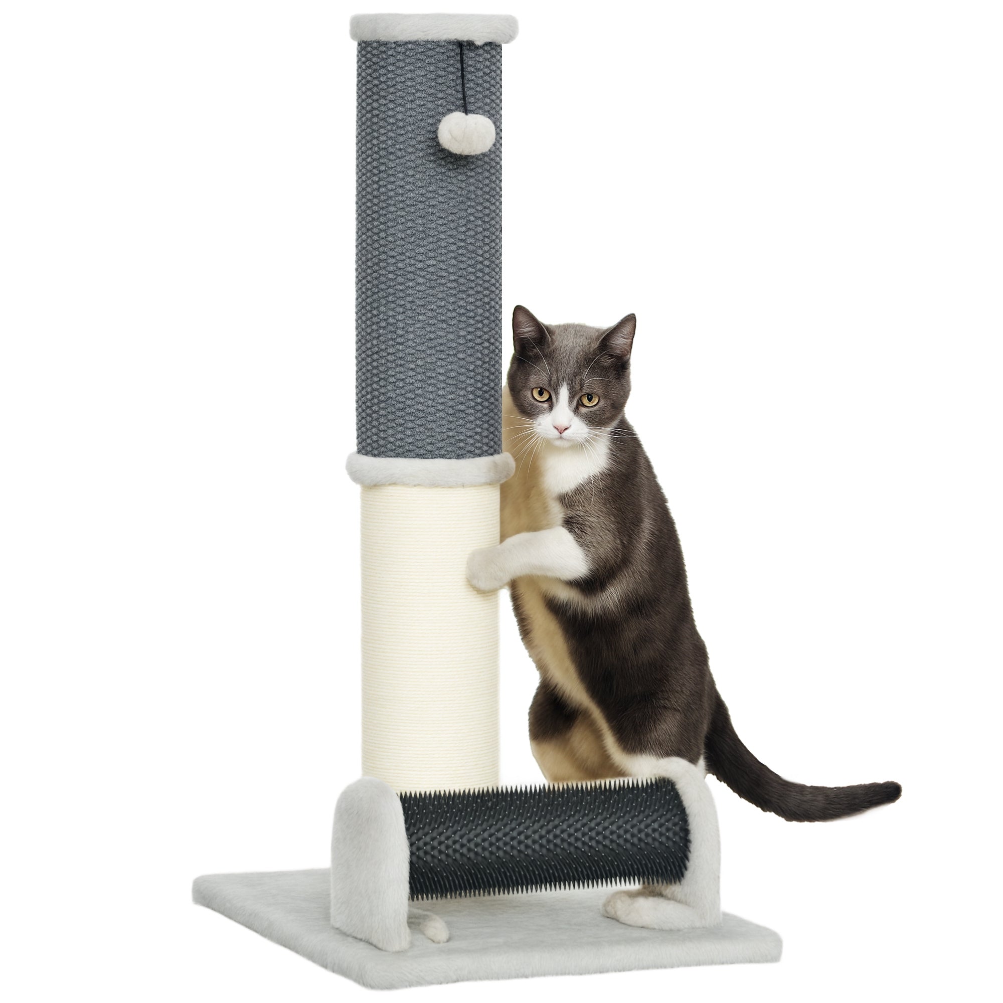 Arranhador para Gatos 40x48x85 cm Cinzento - Combina Arranhador, Escova de Auto Higiene e Bola Suspensa