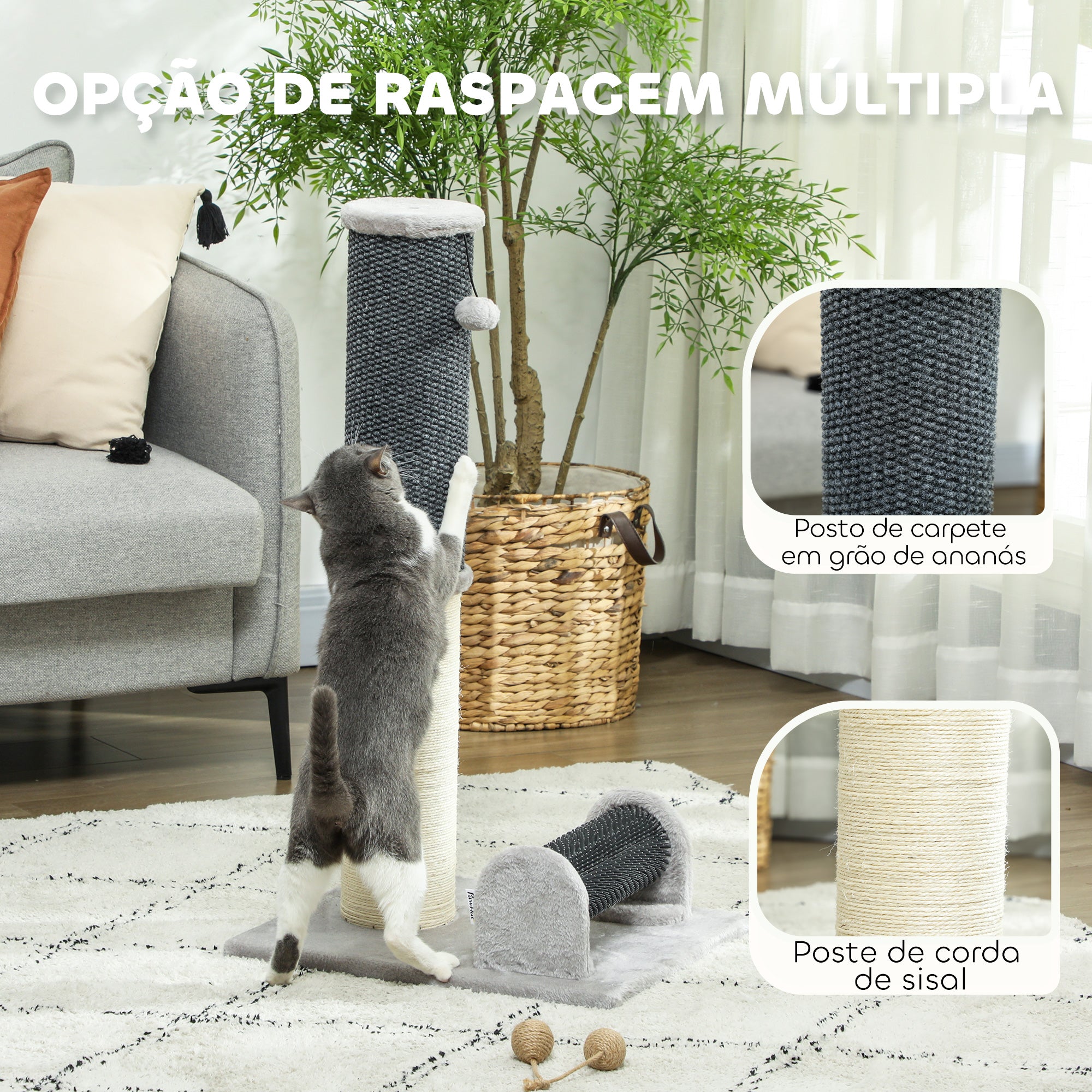 Arranhador para Gatos 40x48x85 cm Cinzento - Combina Arranhador, Escova de Auto Higiene e Bola Suspensa