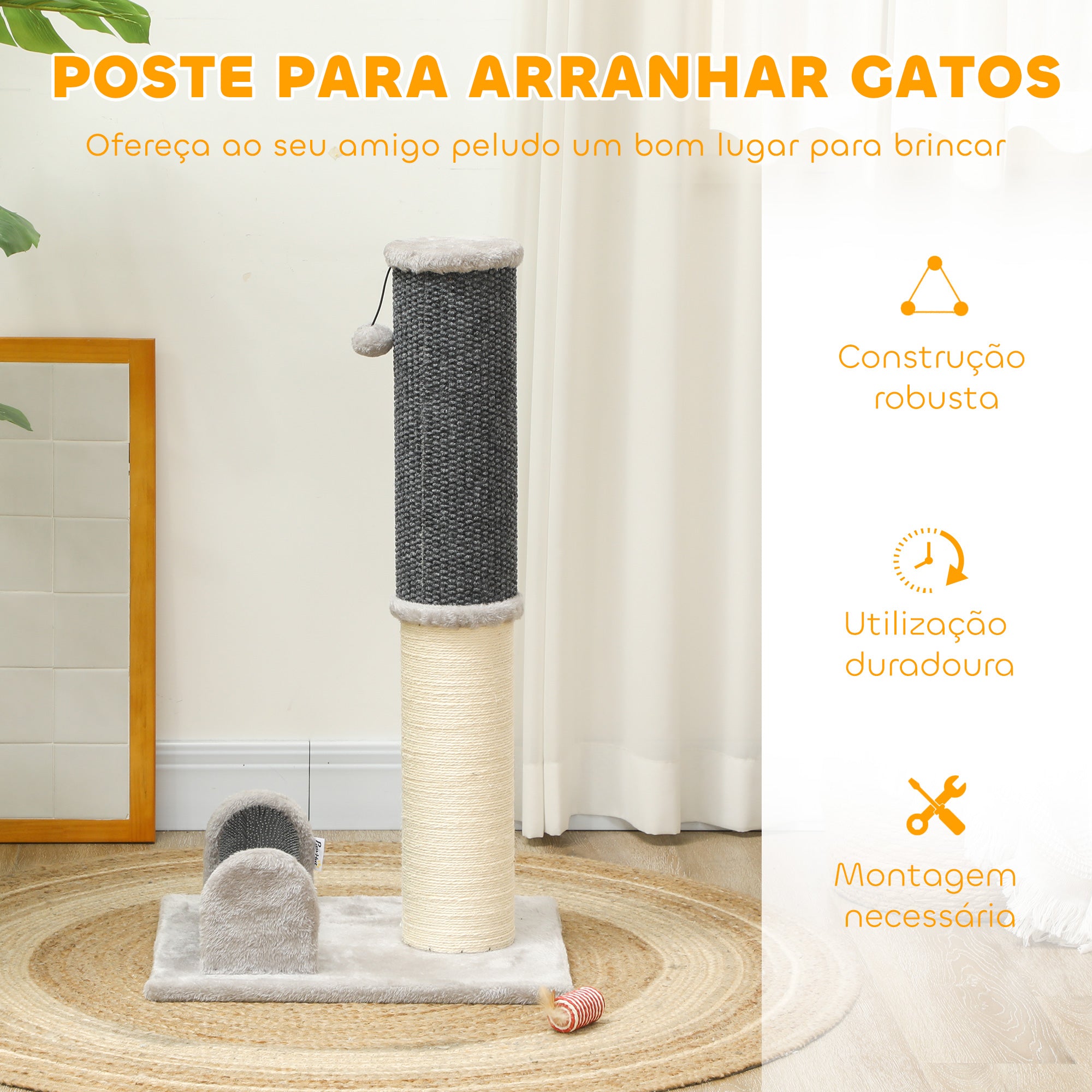 Arranhador para Gatos 40x48x85 cm Cinzento - Combina Arranhador, Escova de Auto Higiene e Bola Suspensa
