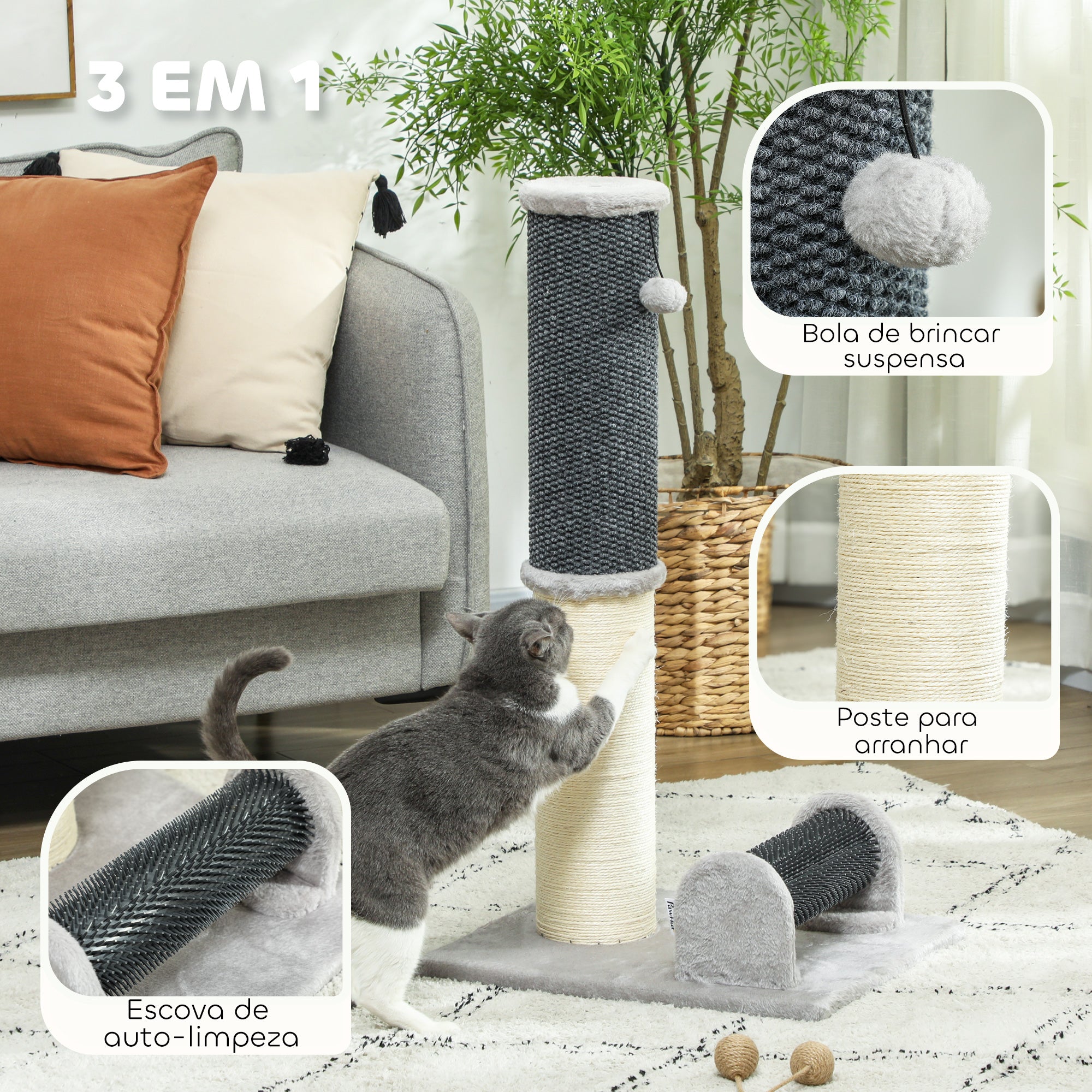 Arranhador para Gatos 40x48x85 cm Cinzento - Combina Arranhador, Escova de Auto Higiene e Bola Suspensa