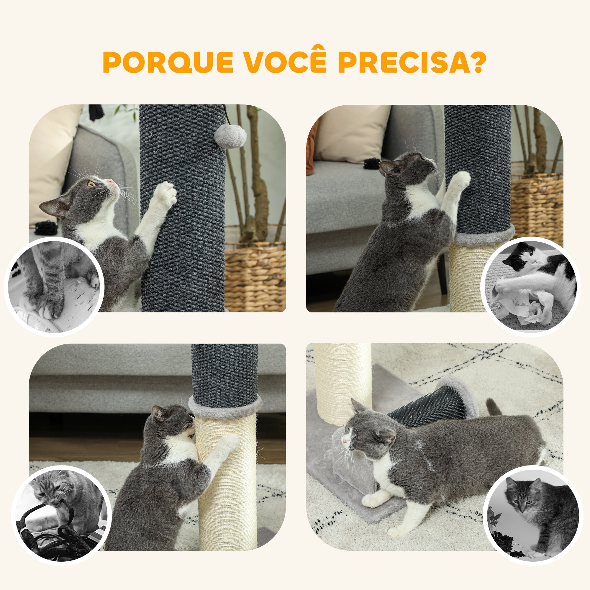 Arranhador para Gatos 40x48x85 cm Cinzento - Combina Arranhador, Escova de Auto Higiene e Bola Suspensa