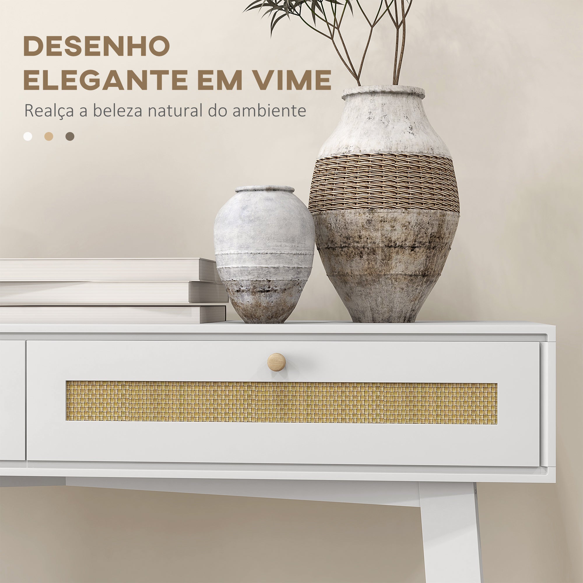 Mesa Consola de Entrada com 2 Gavetas de Vime e Prateleira Aberta 100x30x81 cm - Branco