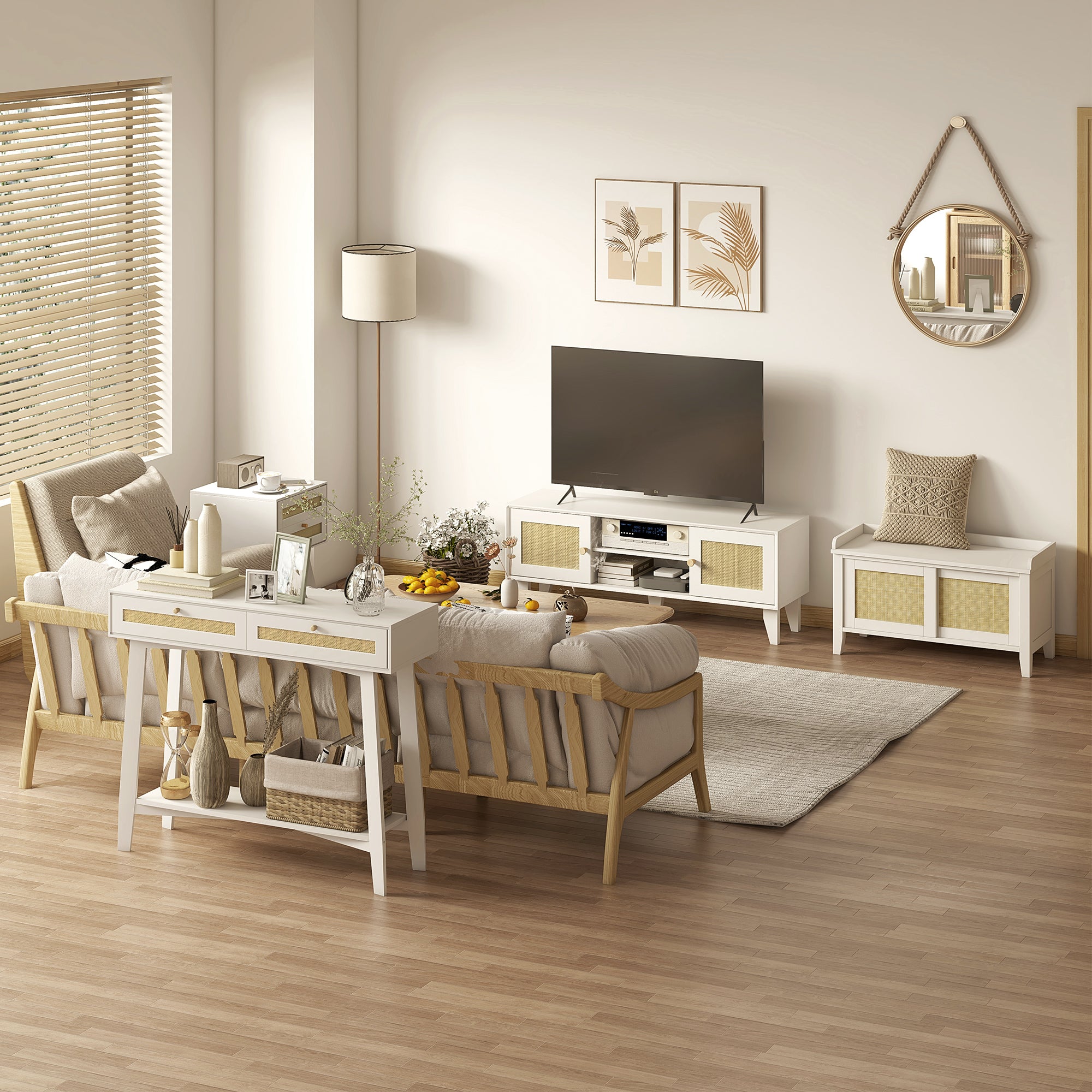 Mesa Consola de Entrada com 2 Gavetas de Vime e Prateleira Aberta 100x30x81 cm - Branco