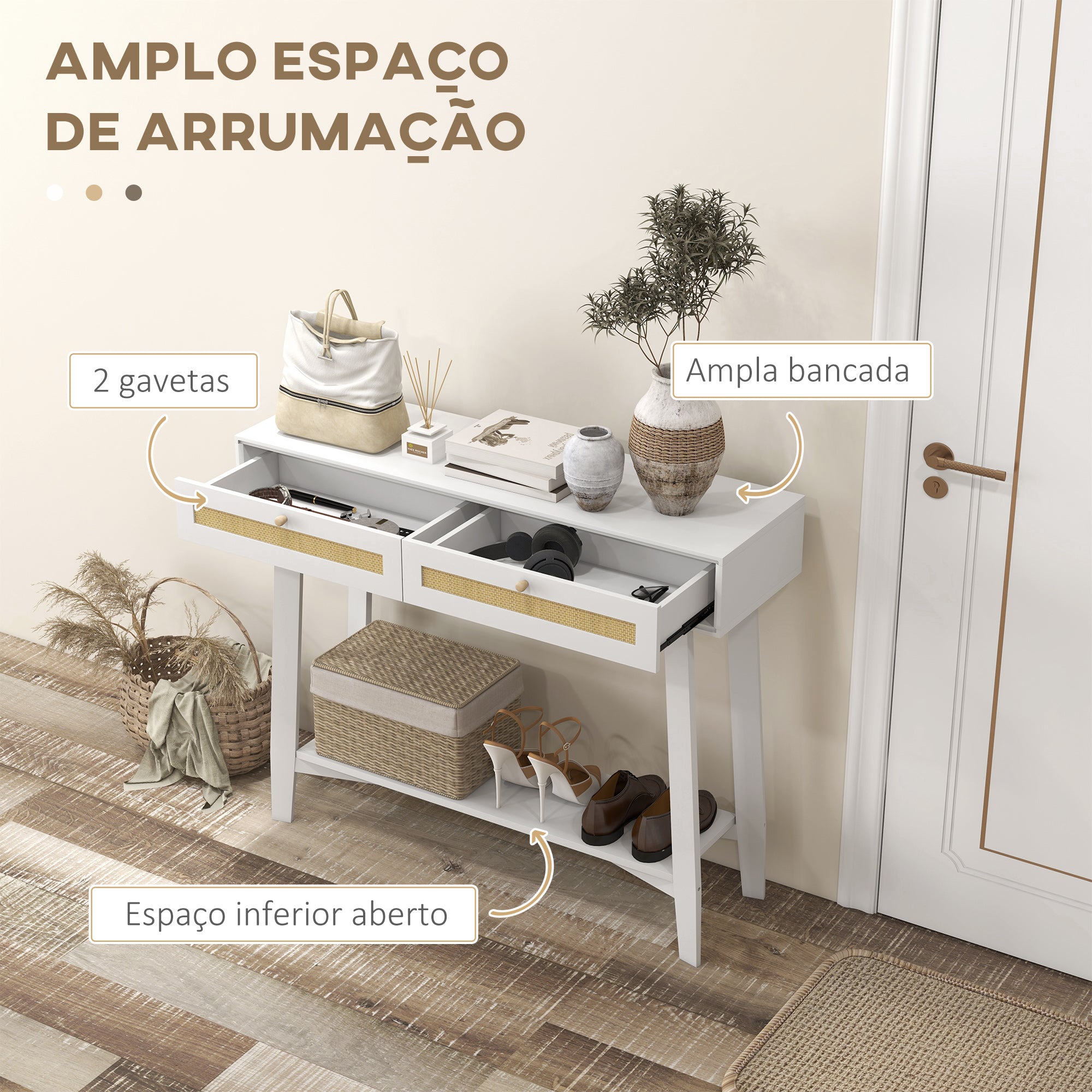 Mesa Consola de Entrada com 2 Gavetas de Vime e Prateleira Aberta 100x30x81 cm - Branco