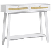 Mesa Consola de Entrada com 2 Gavetas de Vime e Prateleira Aberta 100x30x81 cm - Branco