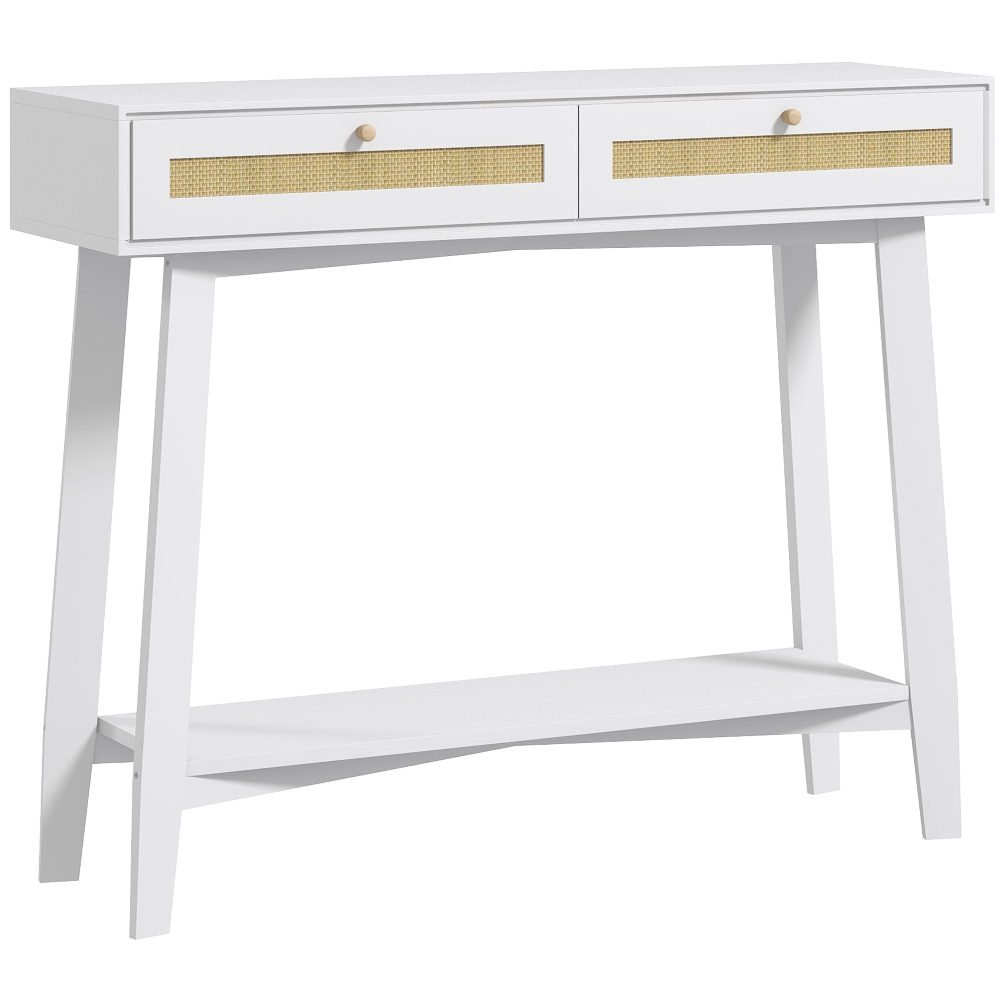 Mesa Consola de Entrada com 2 Gavetas de Vime e Prateleira Aberta 100x30x81 cm - Branco