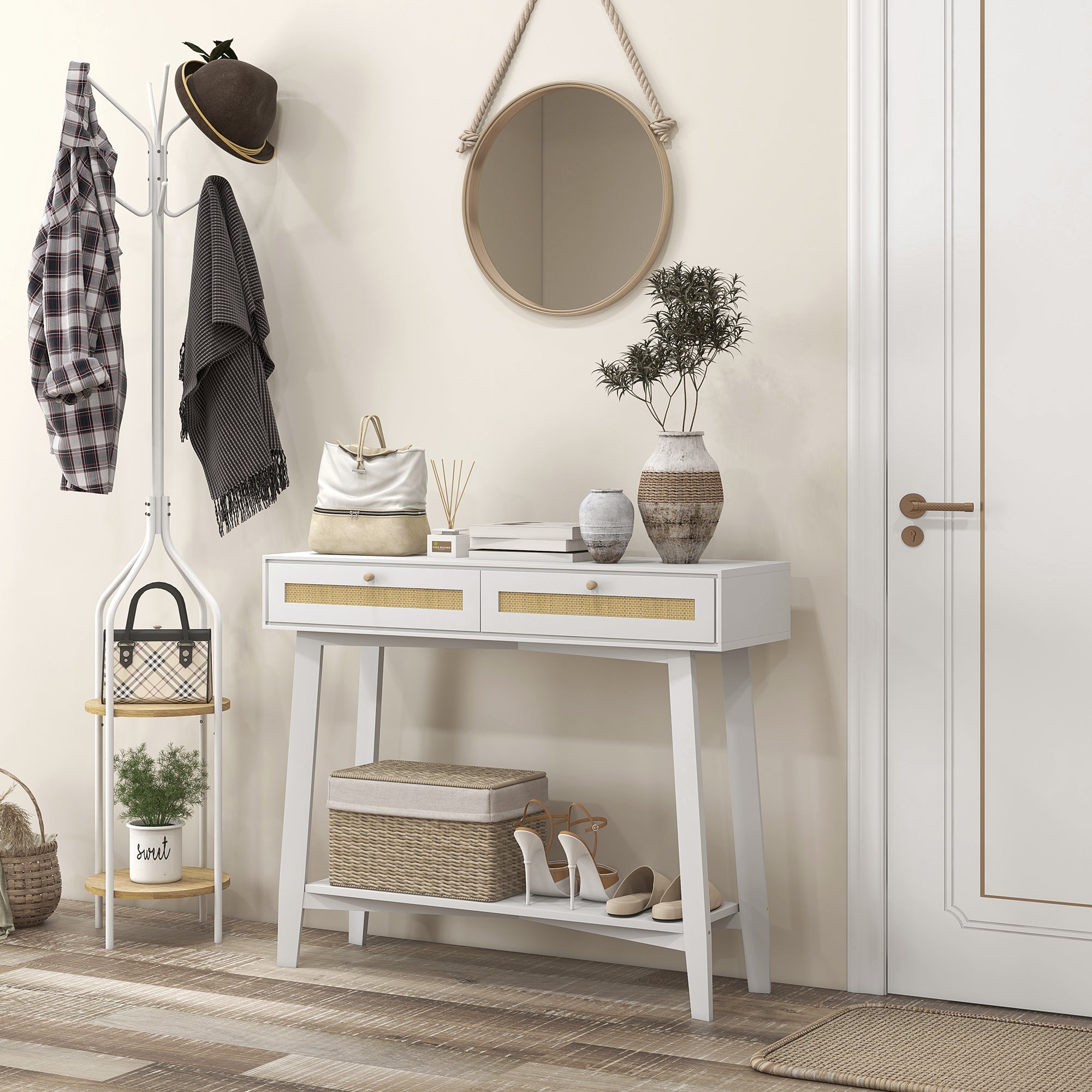 Mesa Consola de Entrada com 2 Gavetas de Vime e Prateleira Aberta 100x30x81 cm - Branco