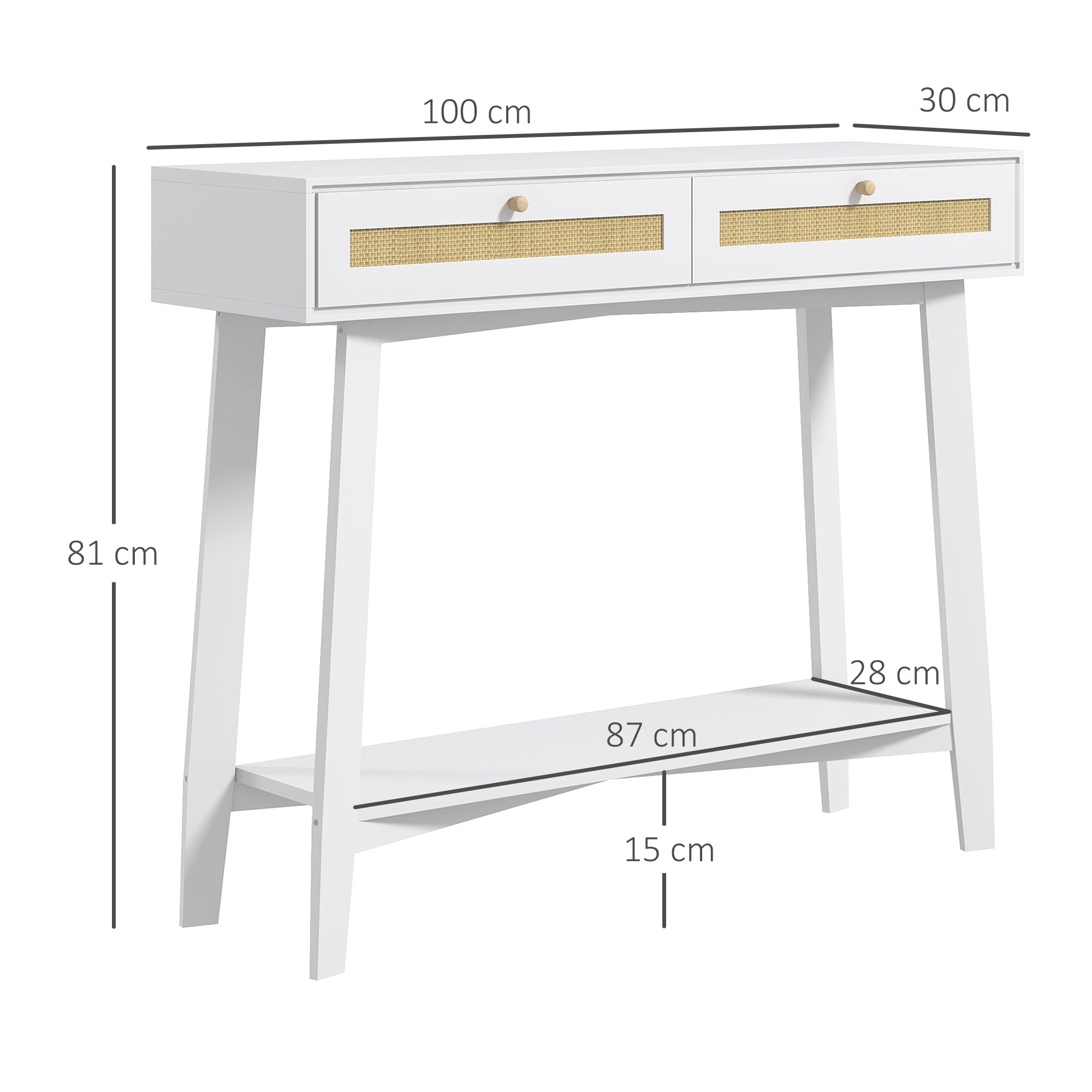 Mesa Consola de Entrada com 2 Gavetas de Vime e Prateleira Aberta 100x30x81 cm - Branco