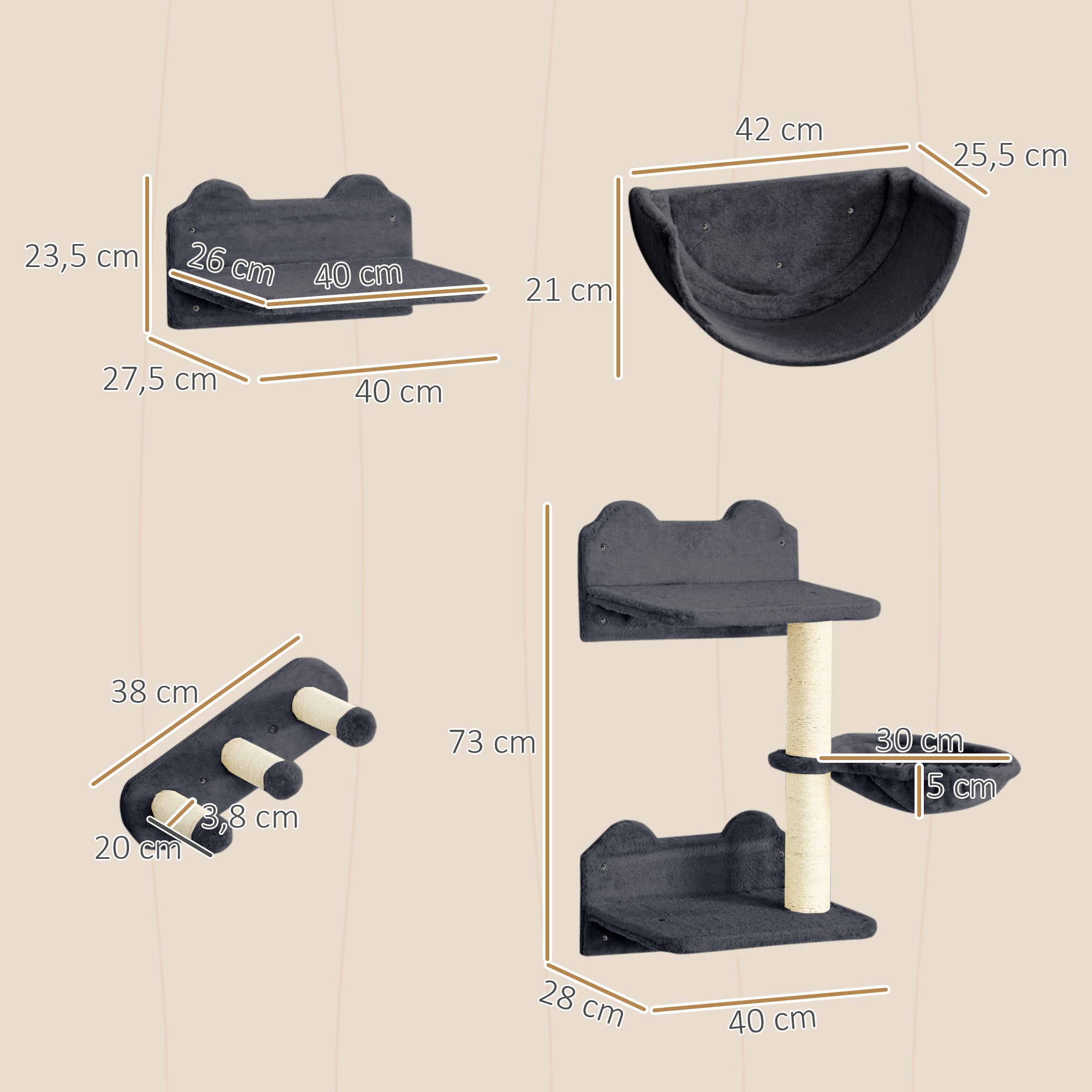 Conjunto de Prateleiras de Escalada para Gatos – 40x27,5x23,5 cm – Cinzento – Aglomerado de madeira