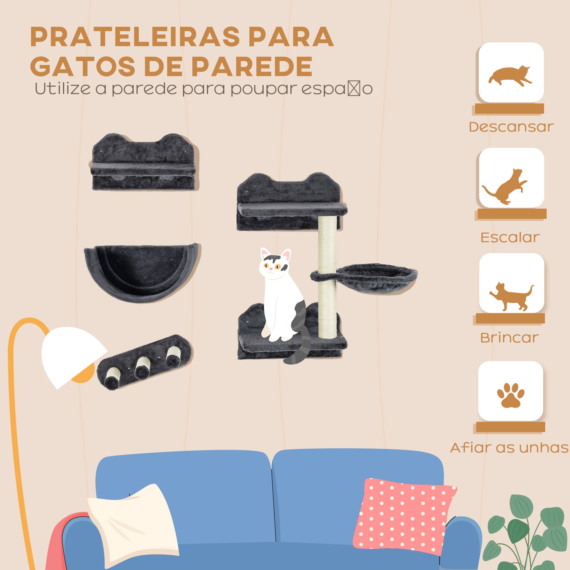 Conjunto de Prateleiras de Escalada para Gatos – 40x27,5x23,5 cm – Cinzento – Aglomerado de madeira