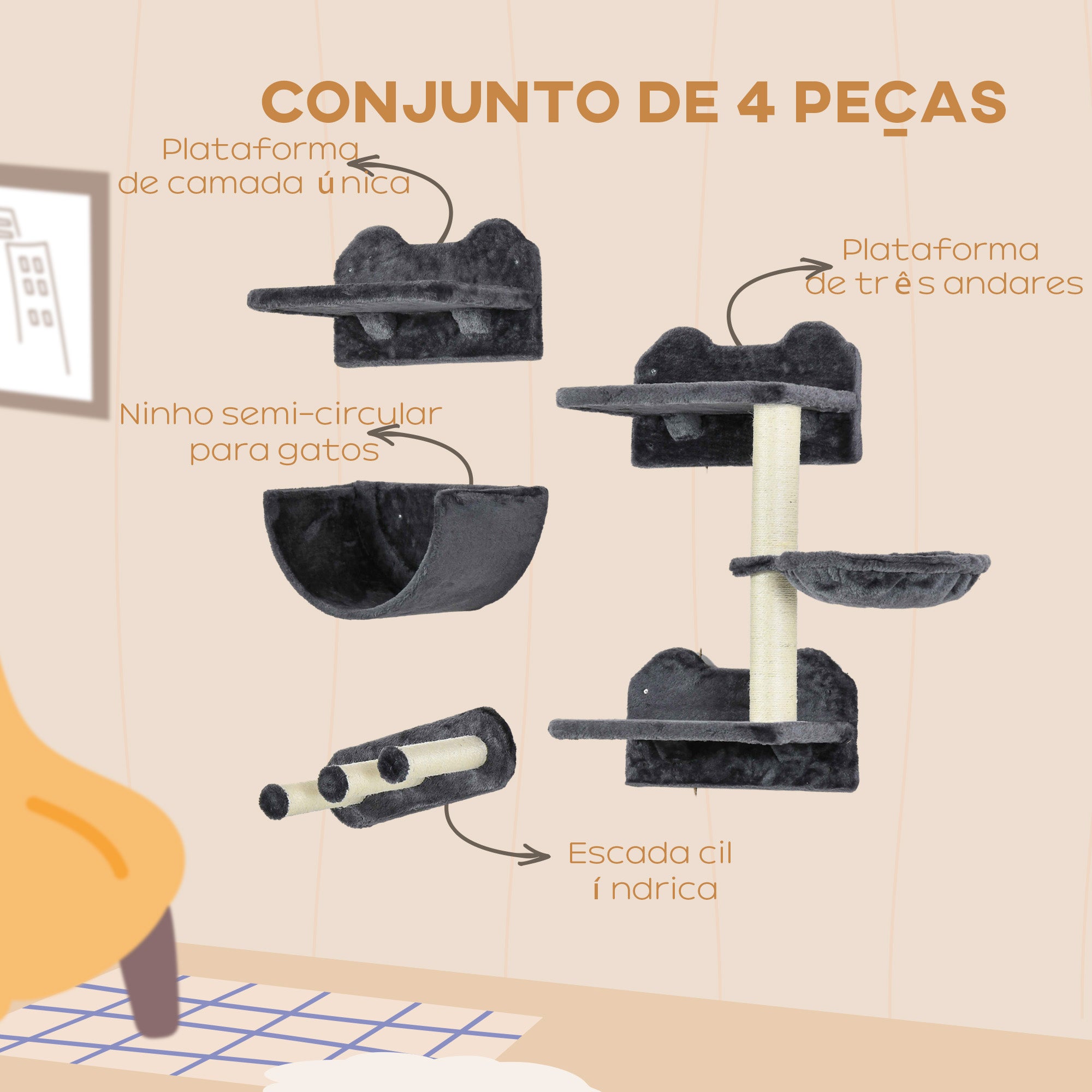 Conjunto de Prateleiras de Escalada para Gatos – 40x27,5x23,5 cm – Cinzento – Aglomerado de madeira