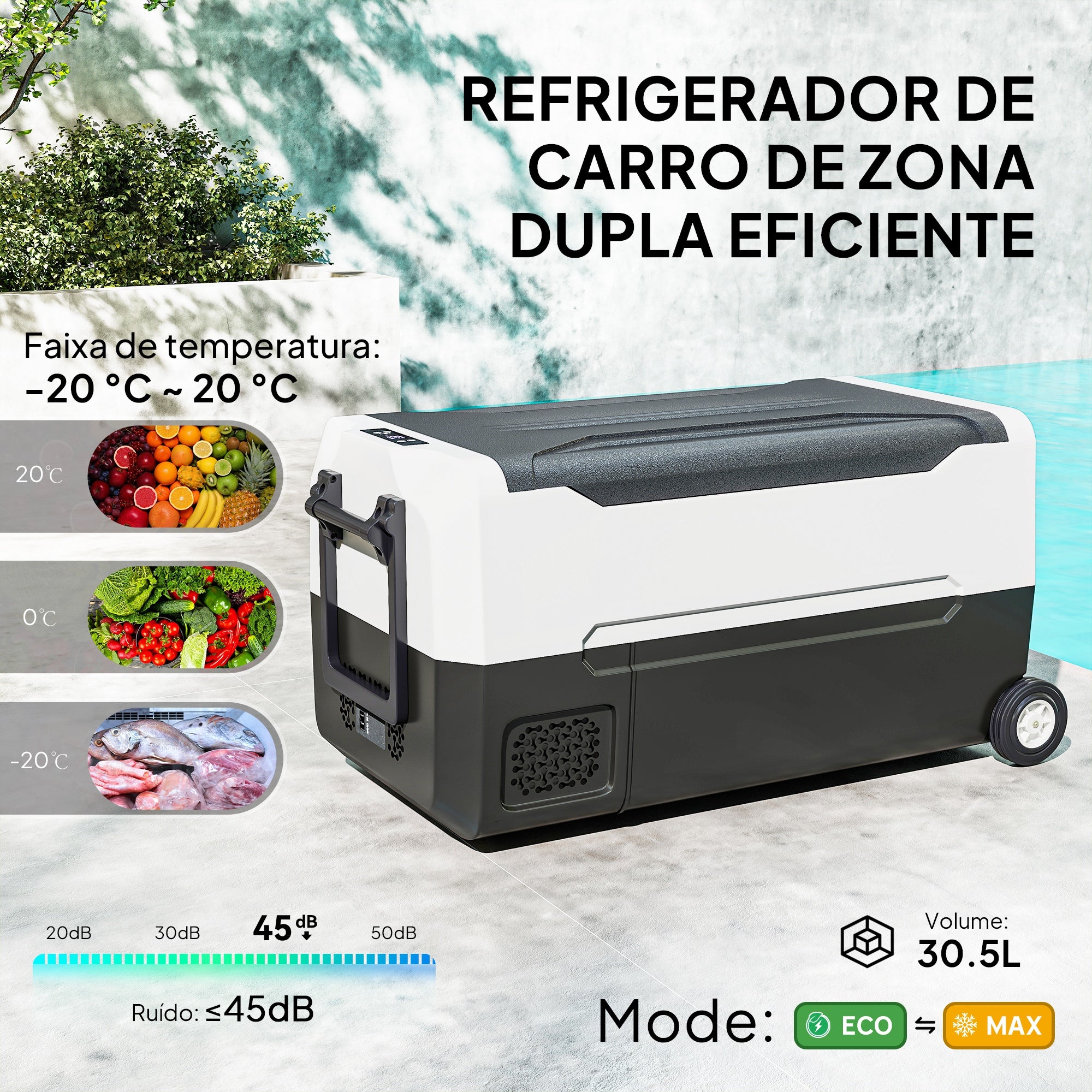 Geleira Elétrica Portátil 30,5L -20℃ a 20℃ 12 / 24V CC e 100-240V AC 72,6x39x37,3 cm Preto e Branco