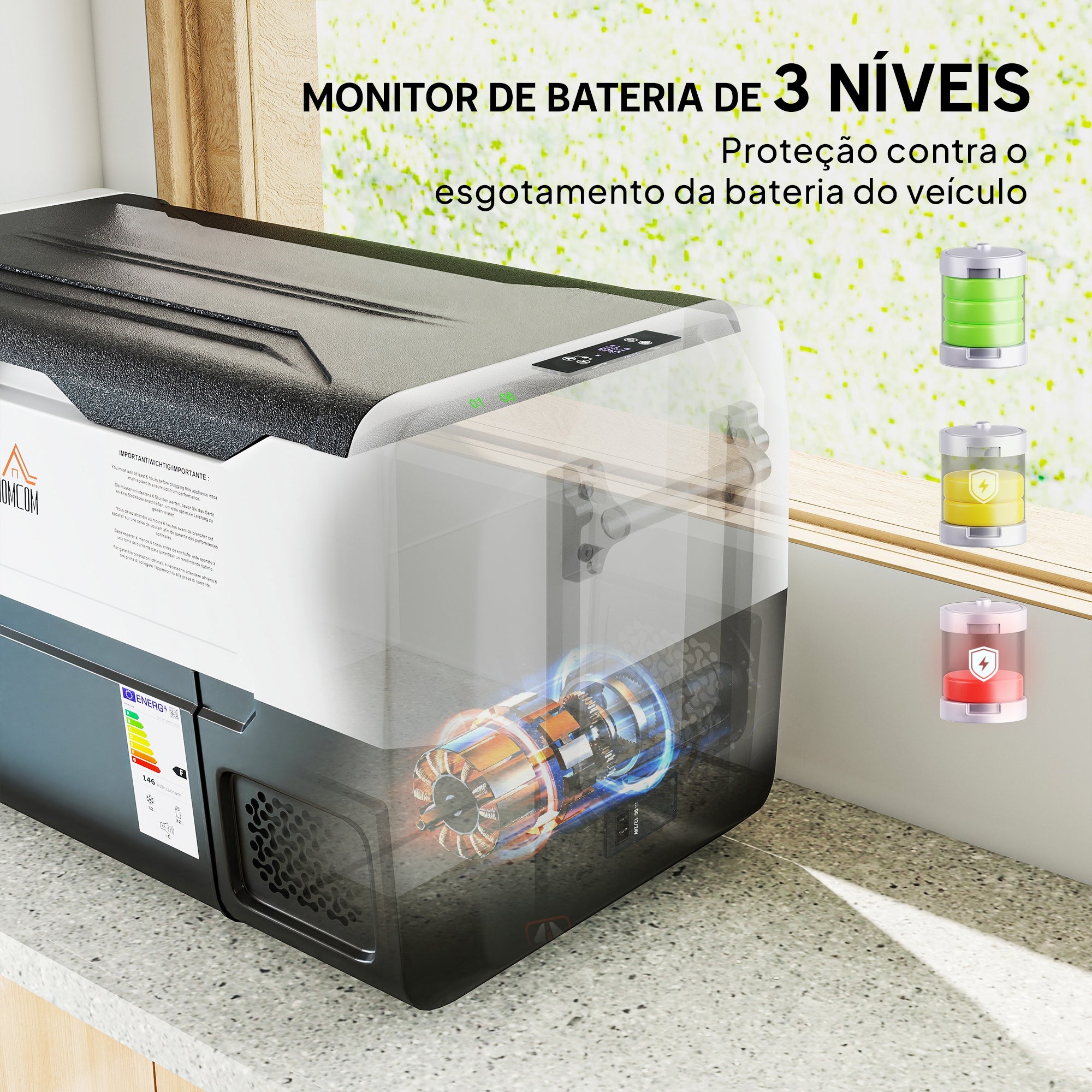 Geleira Elétrica Portátil 30,5L -20℃ a 20℃ 12 / 24V CC e 100-240V AC 72,6x39x37,3 cm Preto e Branco