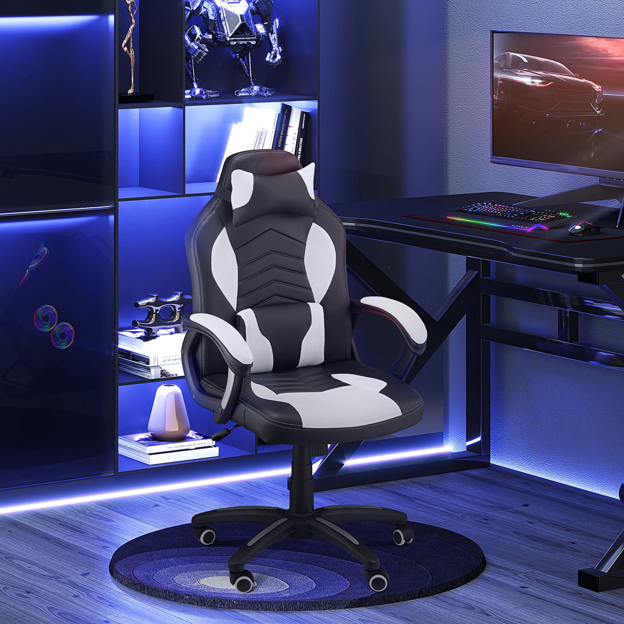 Cadeira de Escritório Gaming Reclinável e Giratória com Massagem e Aquecimento - 68x69x108-117 cm (Preto e Branco)