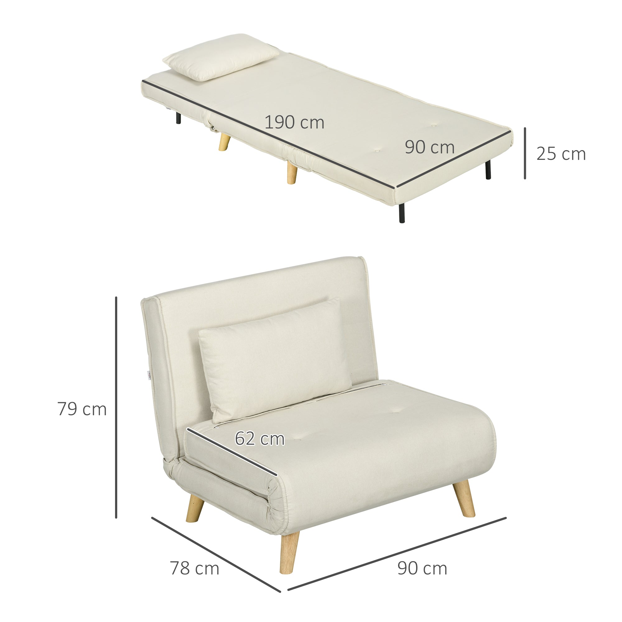 Poltrona Sofá Cama Individual Dobrável 90x78x79 cm Bege