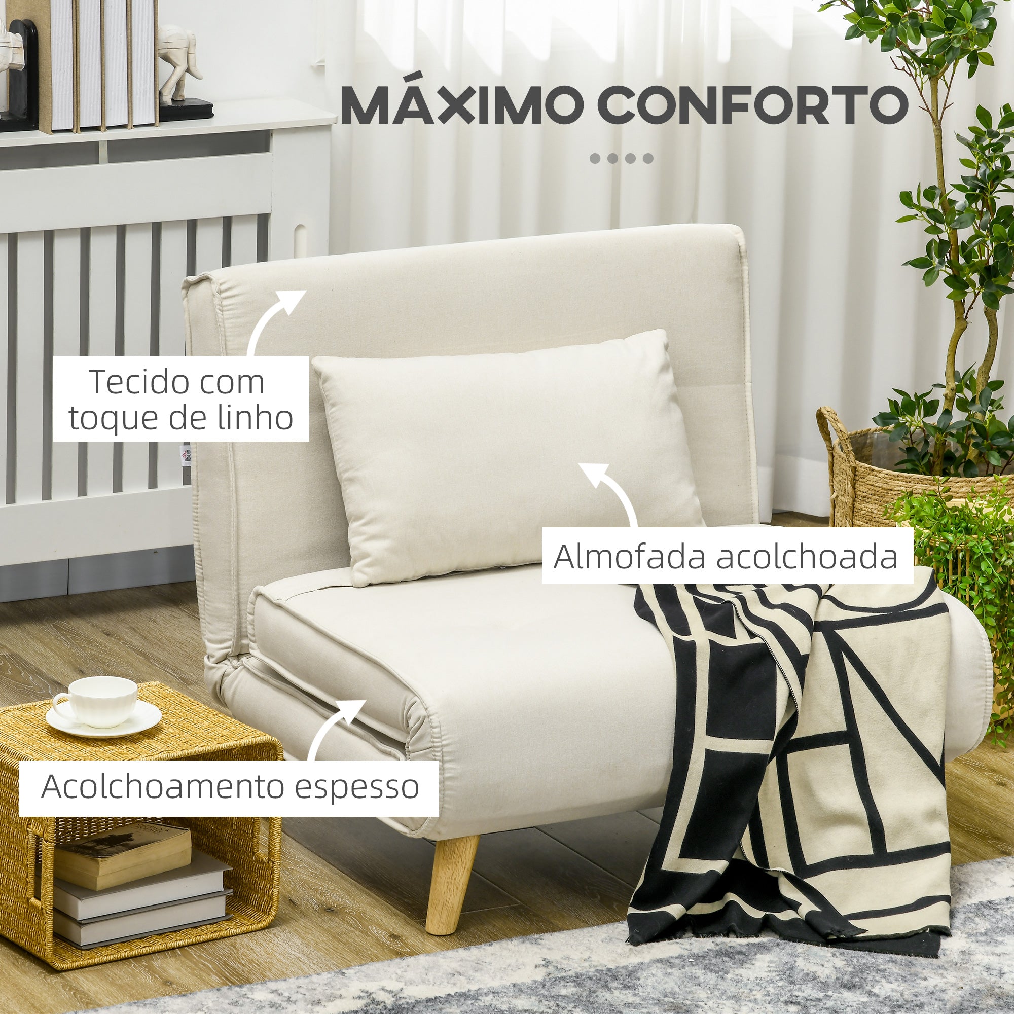 Poltrona Sofá Cama Individual Dobrável 90x78x79 cm Bege