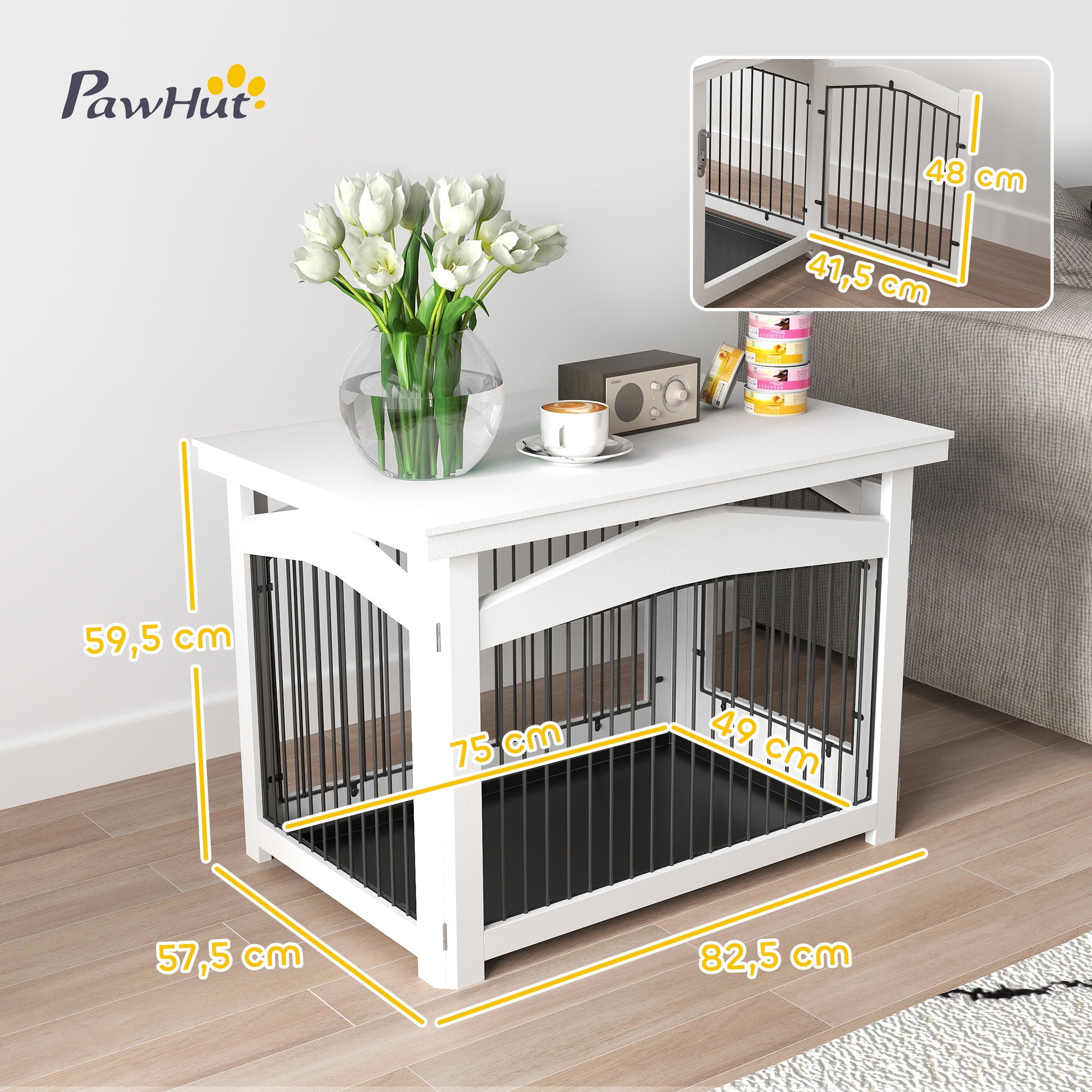 Gaiola para Cães Médios 3 em 1 – 82,5x57,5x59,5 cm – Branco – MDF e aço