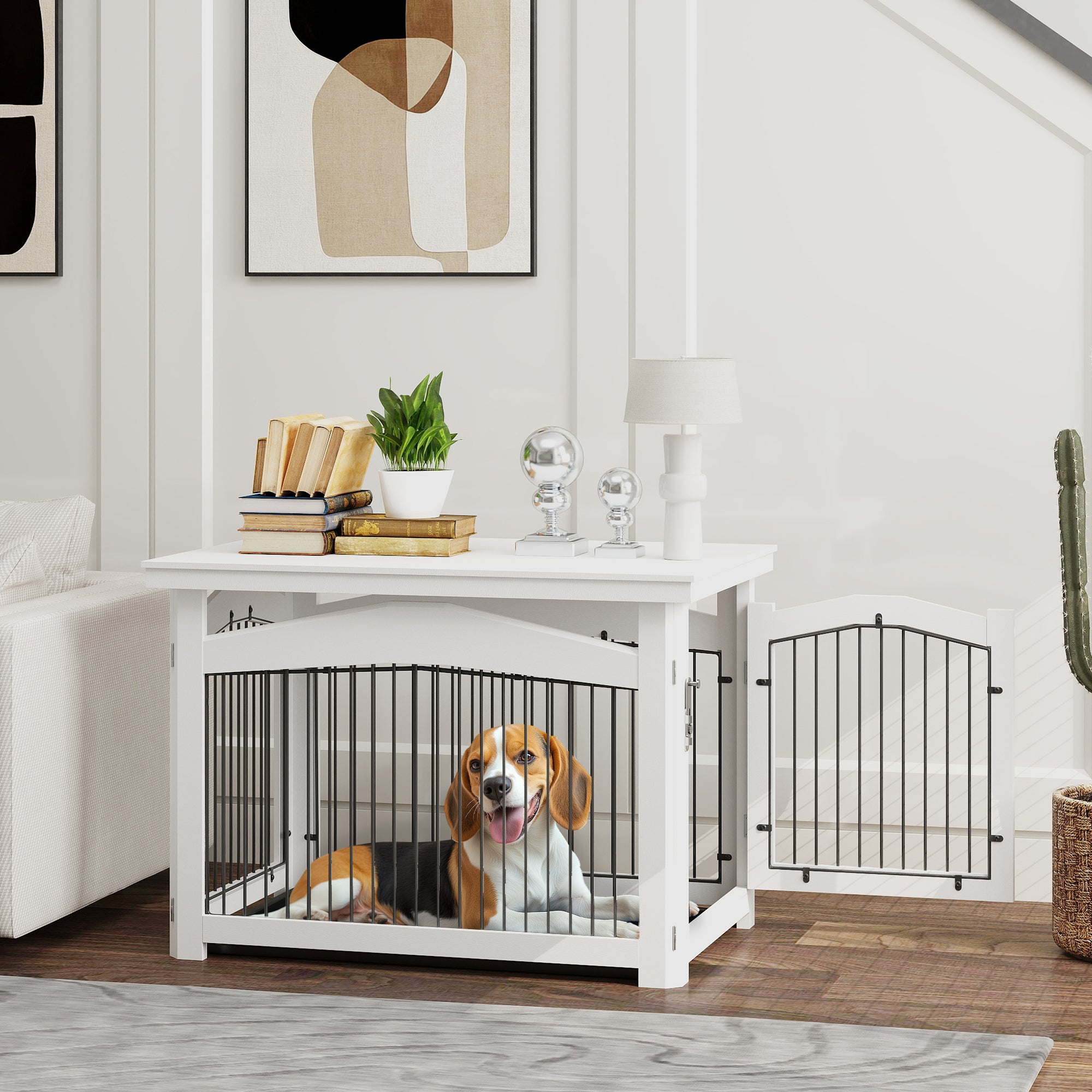 Gaiola para Cães Médios 3 em 1 – 82,5x57,5x59,5 cm – Branco – MDF e aço