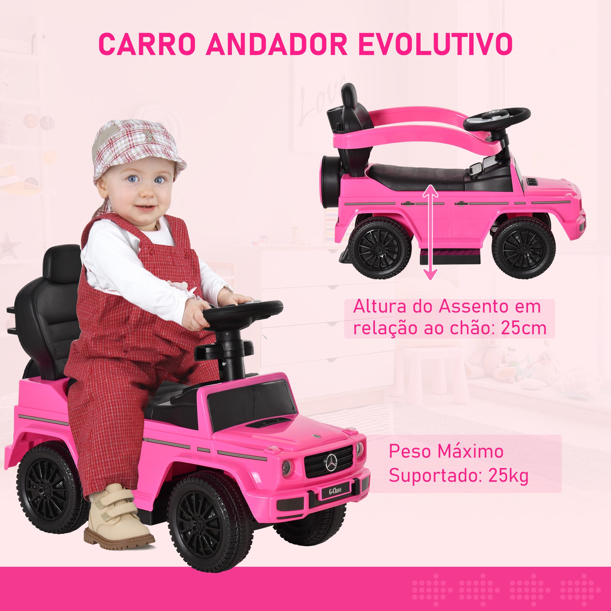 Carro Andador para Crianças 85,5x40,5x95 cm - Rosa