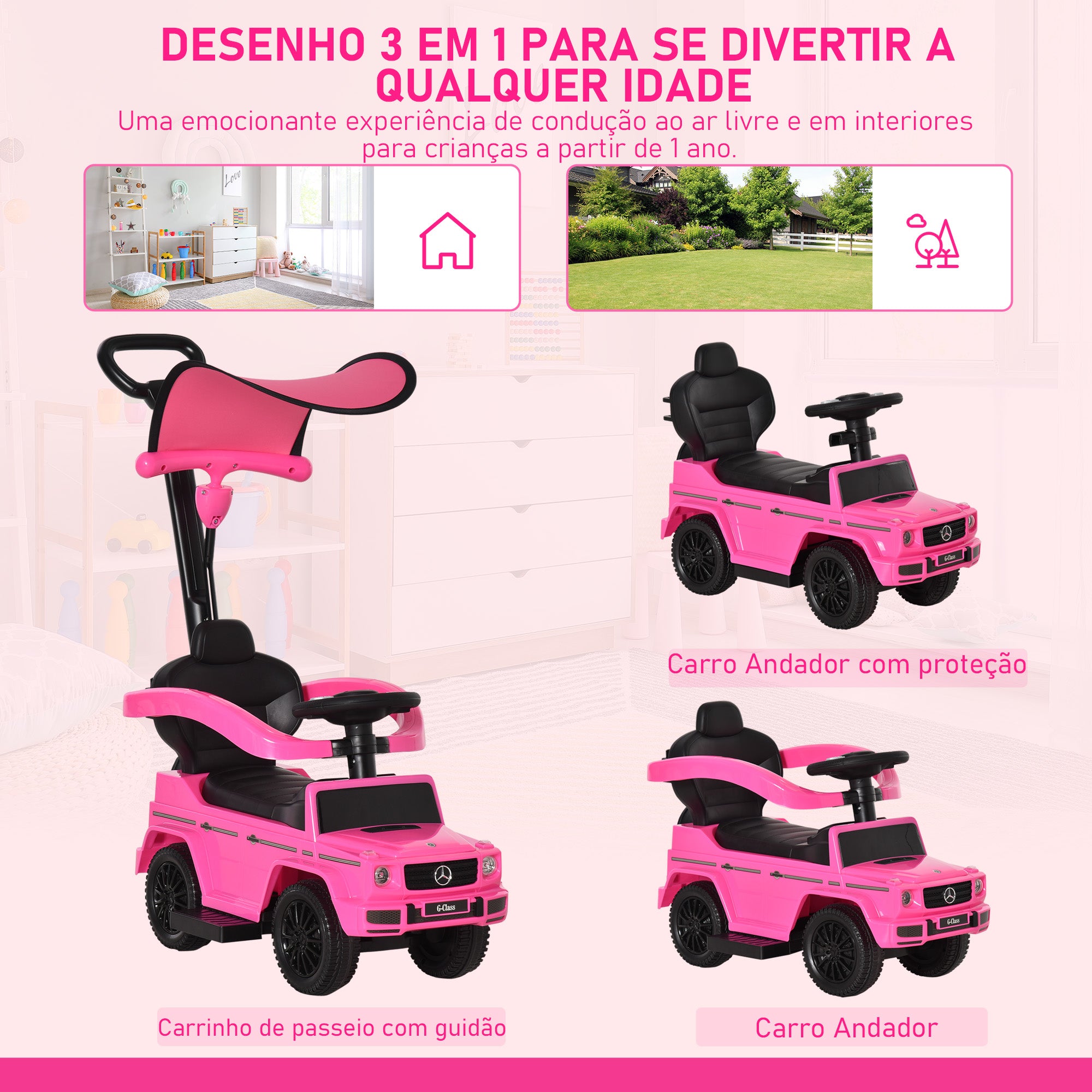 Carro Andador para Crianças 85,5x40,5x95 cm - Rosa
