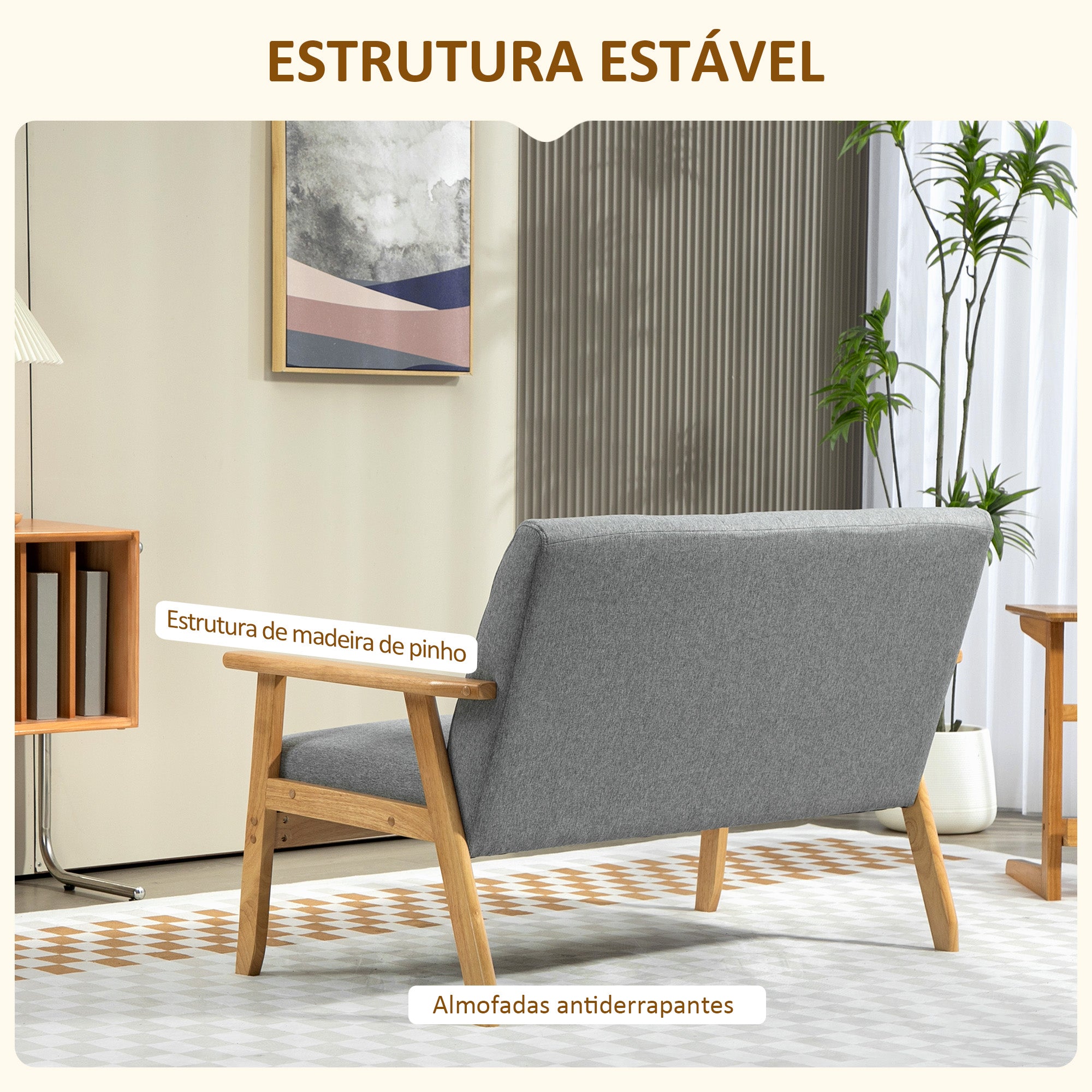 Sofá 2 Lugares Cinzento Claro 114x75x76 cm - Estofado em Linho com Apoio para os Braços de Madeira
