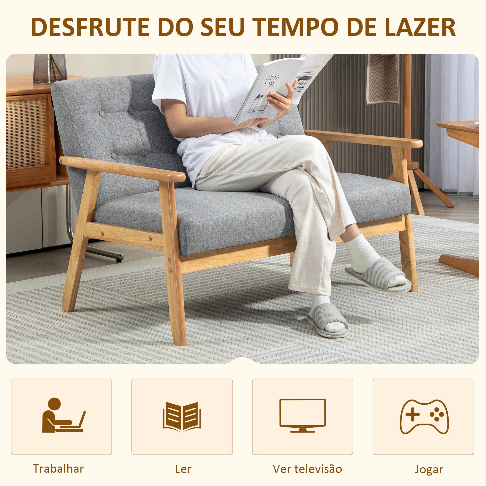 Sofá 2 Lugares Cinzento Claro 114x75x76 cm - Estofado em Linho com Apoio para os Braços de Madeira