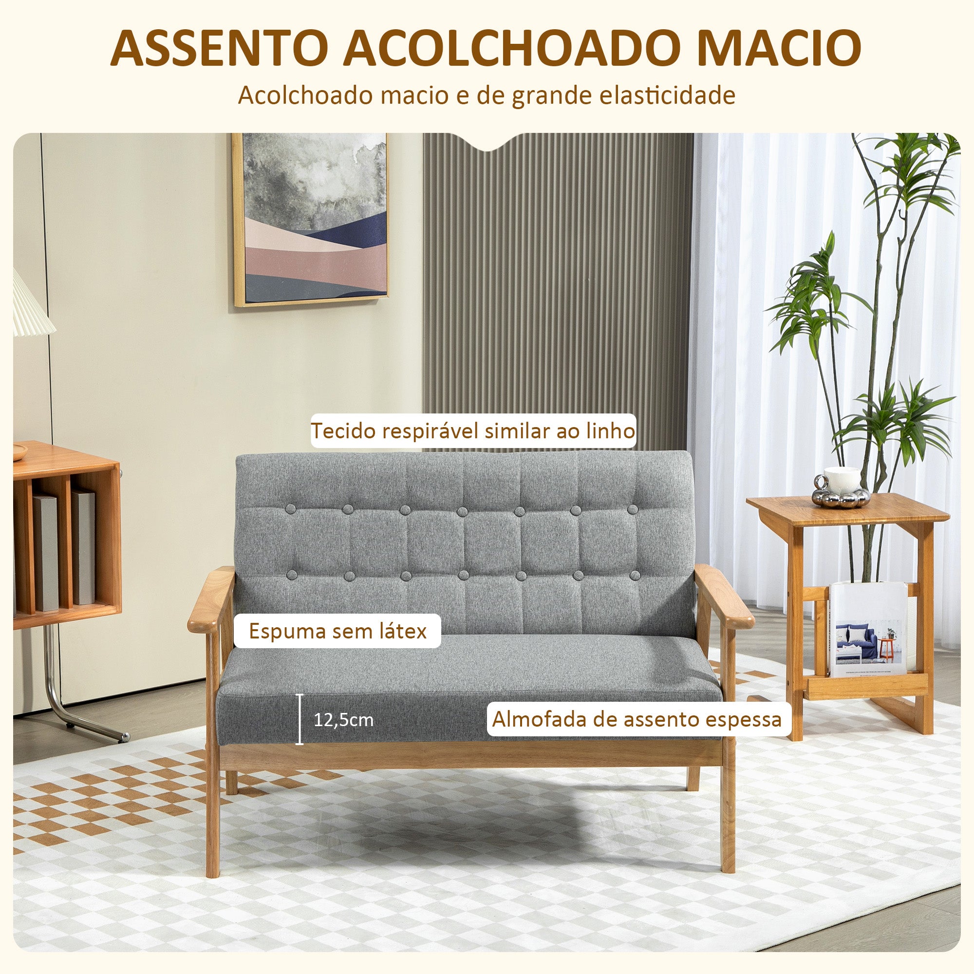 Sofá 2 Lugares Cinzento Claro 114x75x76 cm - Estofado em Linho com Apoio para os Braços de Madeira