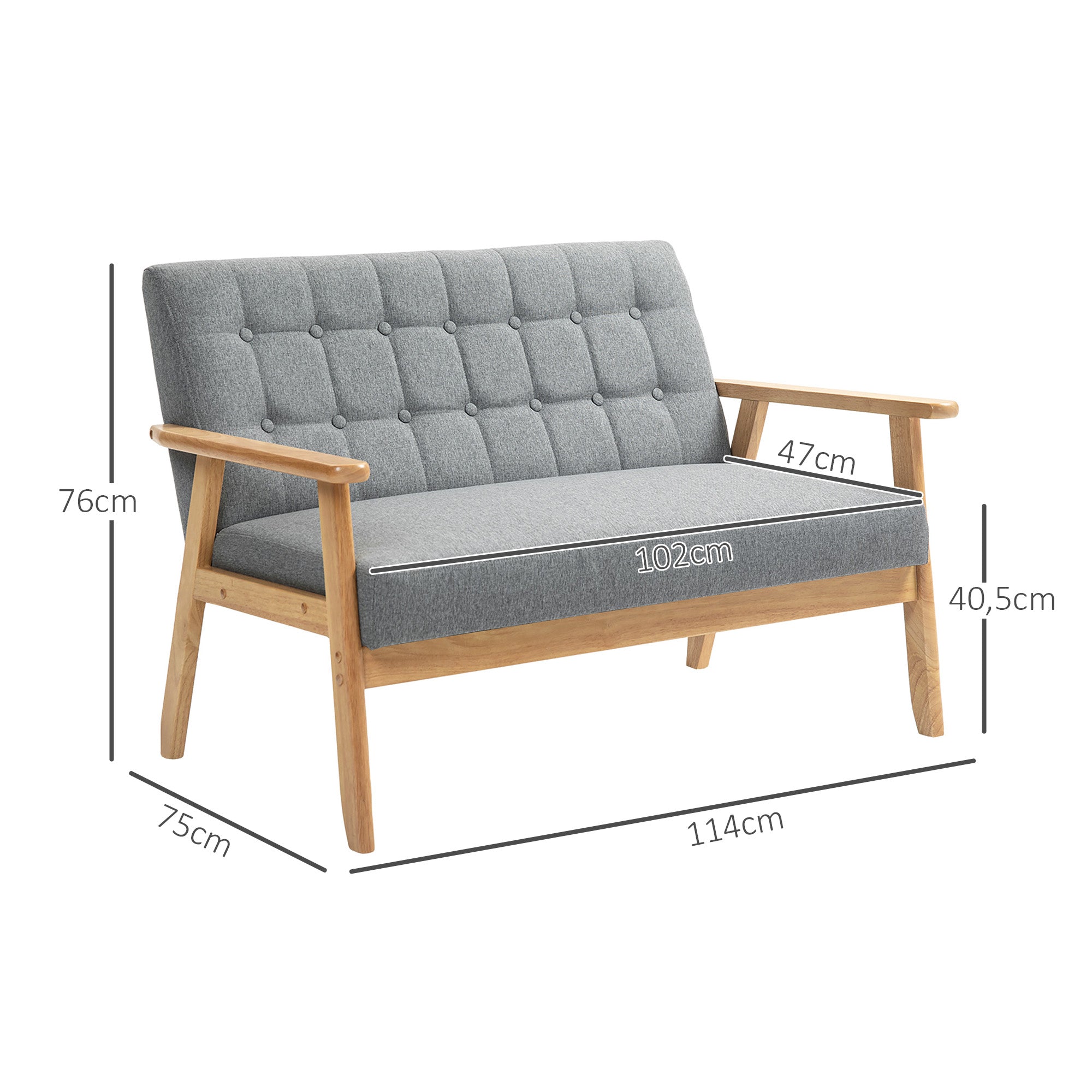 Sofá 2 Lugares Cinzento Claro 114x75x76 cm - Estofado em Linho com Apoio para os Braços de Madeira