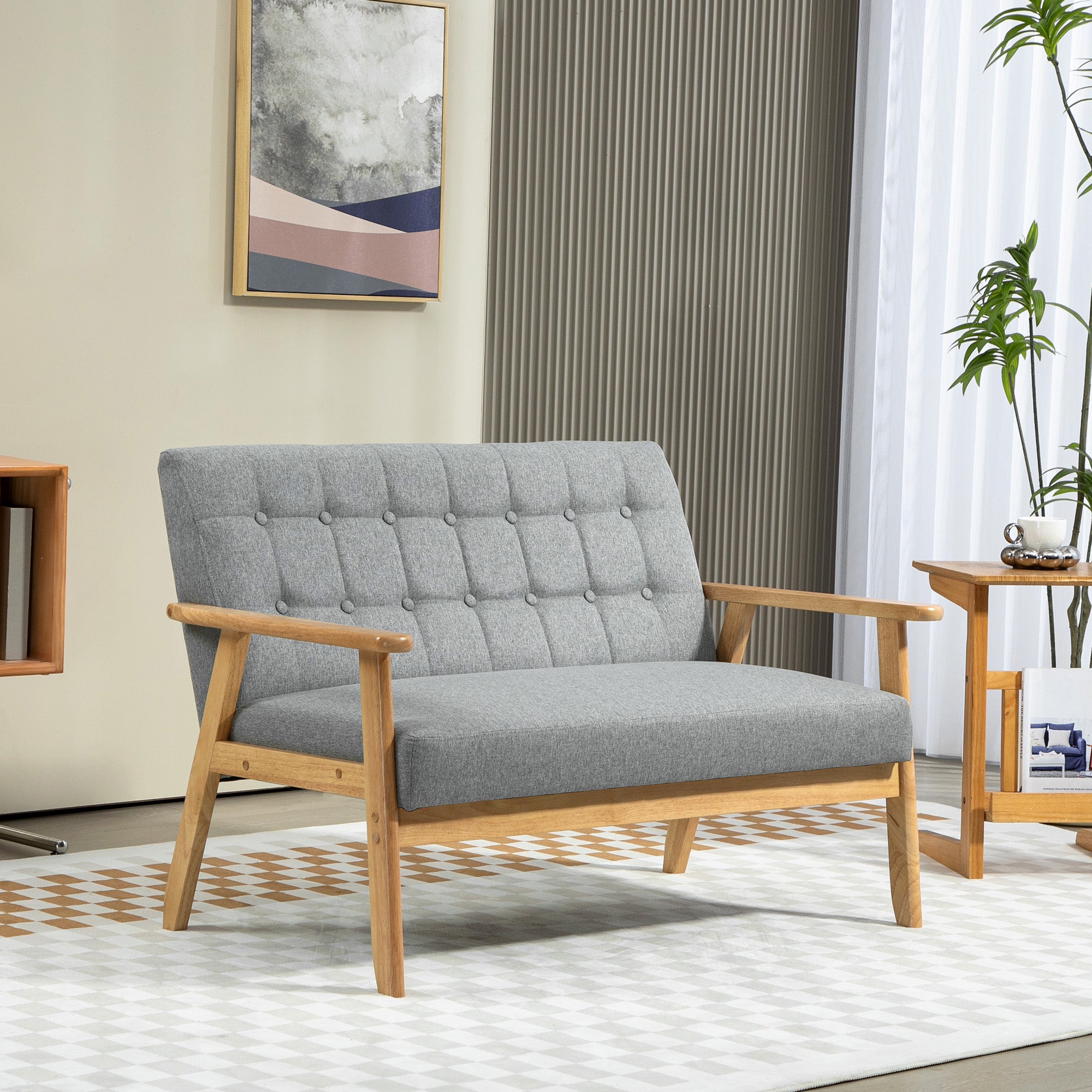 Sofá 2 Lugares Cinzento Claro 114x75x76 cm - Estofado em Linho com Apoio para os Braços de Madeira