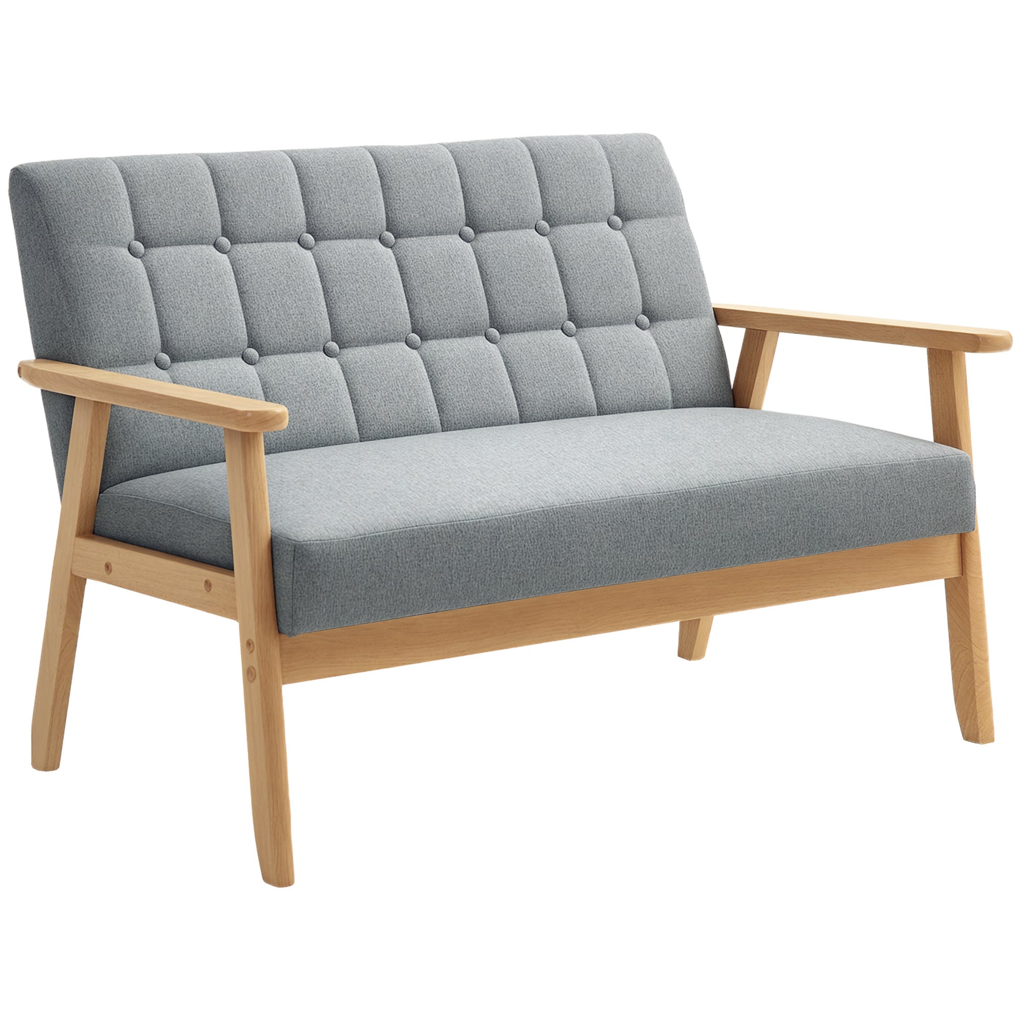 Sofá 2 Lugares Cinzento Claro 114x75x76 cm - Estofado em Linho com Apoio para os Braços de Madeira