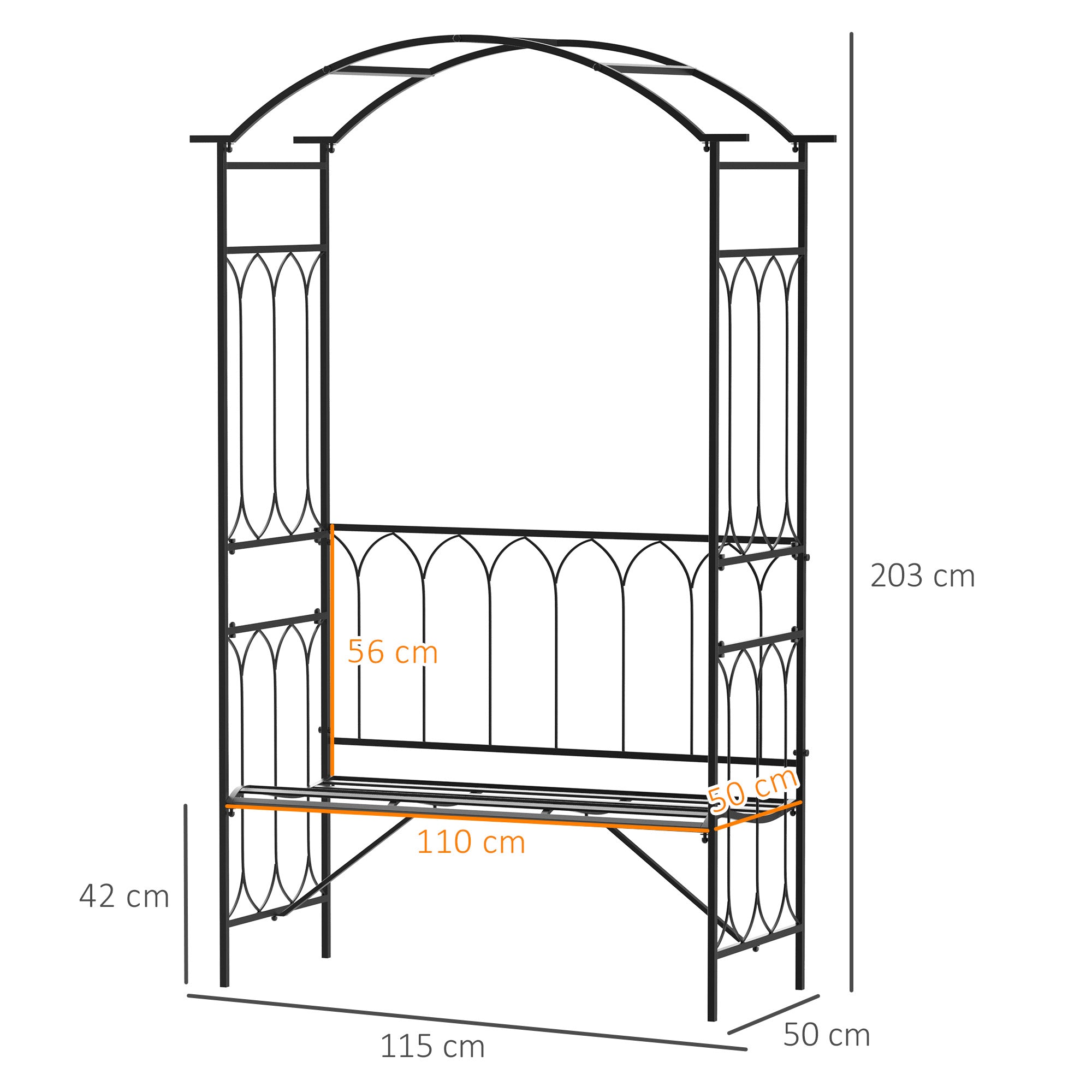 Arco de Jardim com Banco Suporte para Plantas 115x50x203 cm - Preto