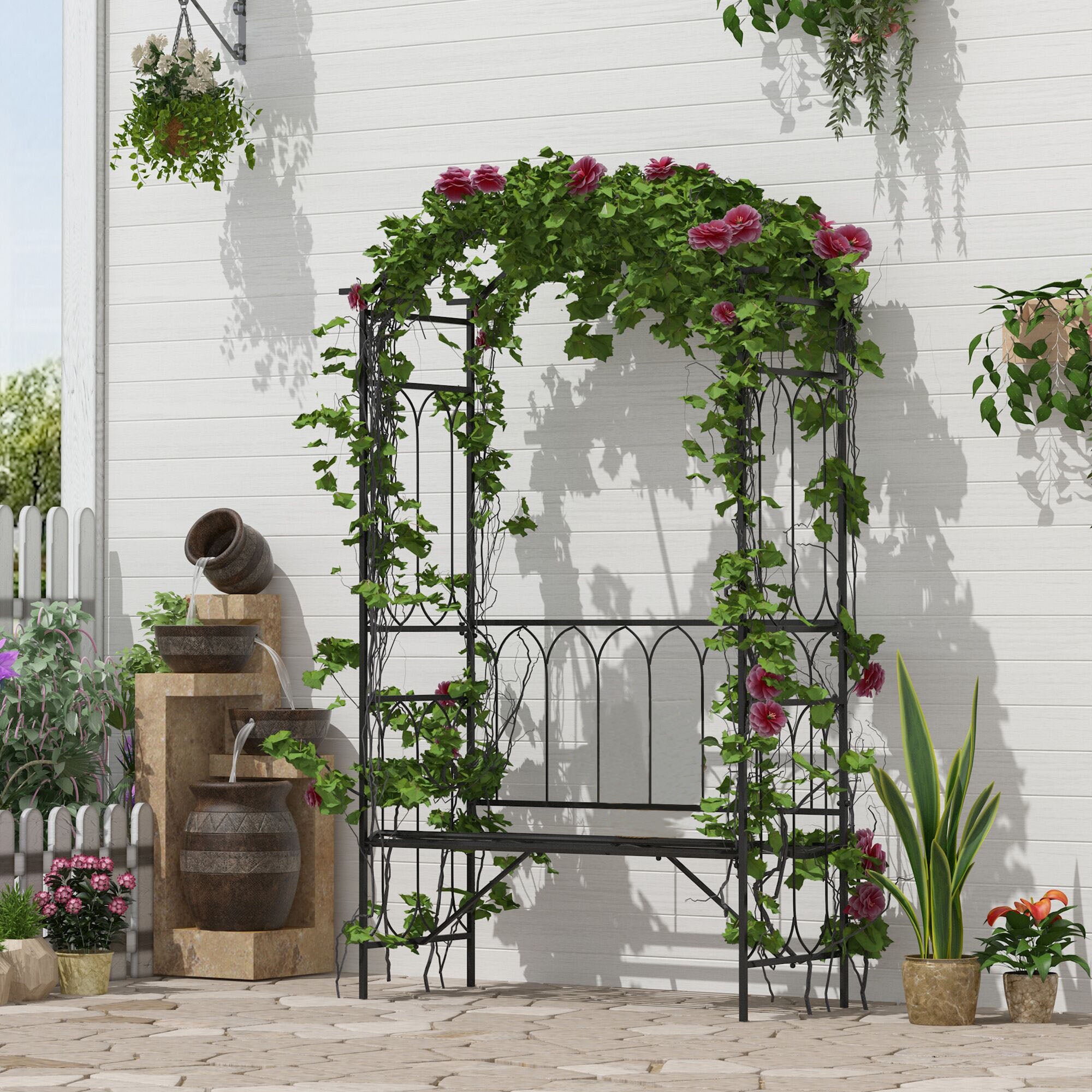 Arco de Jardim com Banco Suporte para Plantas 115x50x203 cm - Preto