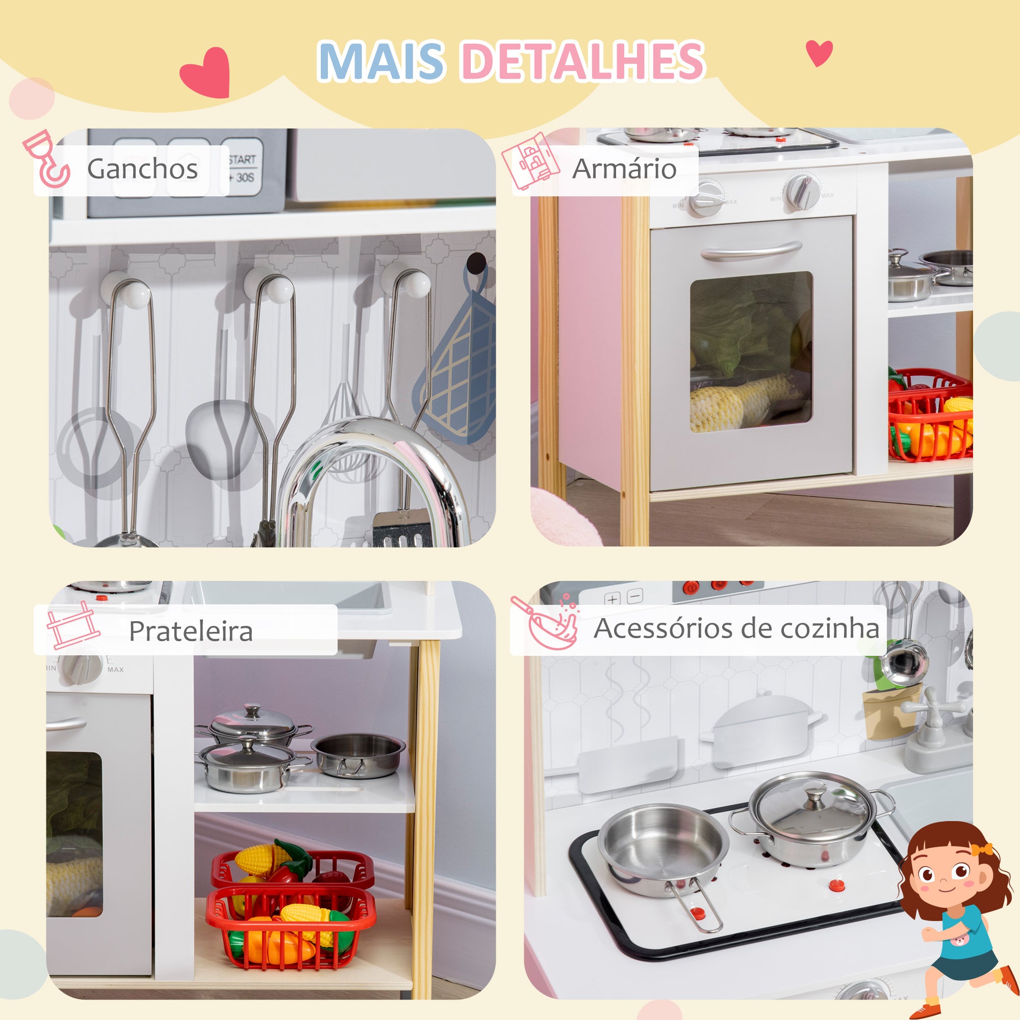 Cozinha Infantil de Madeira Branca 60x30.5x93.2 cm