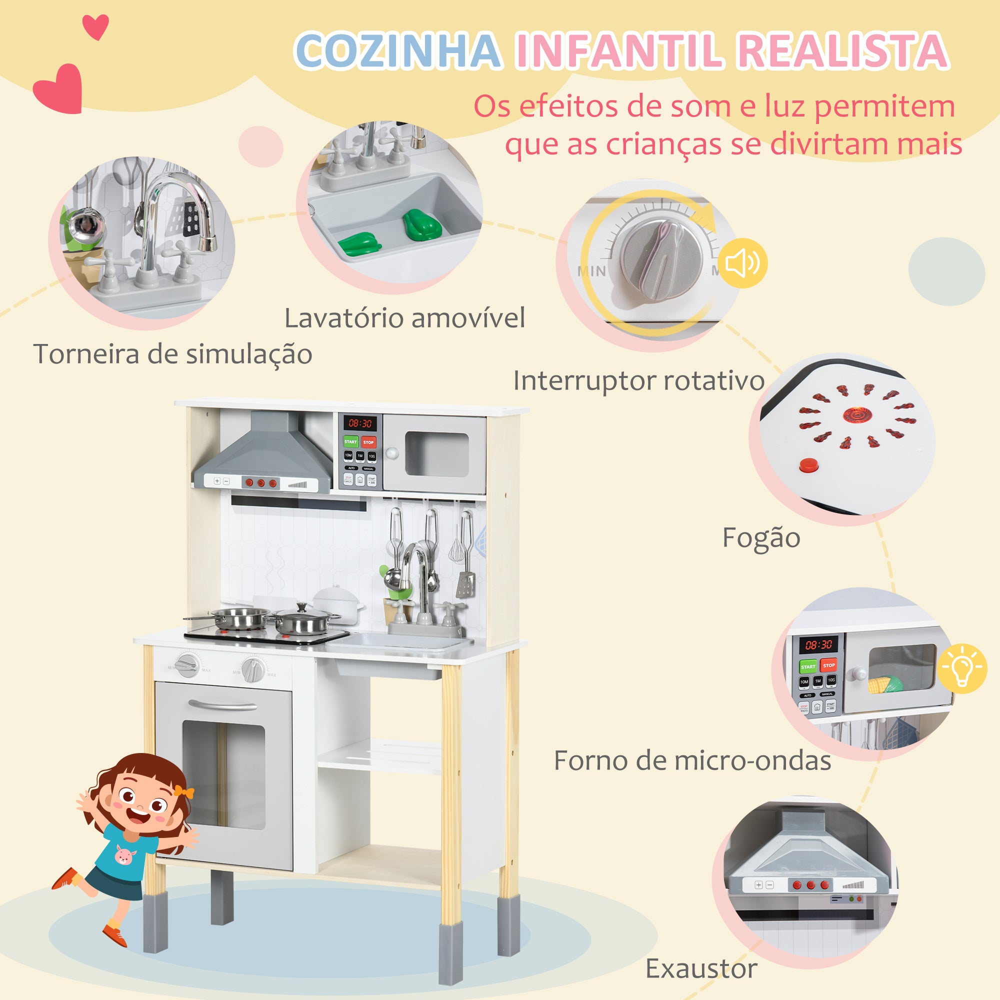 Cozinha Infantil de Madeira Branca 60x30.5x93.2 cm