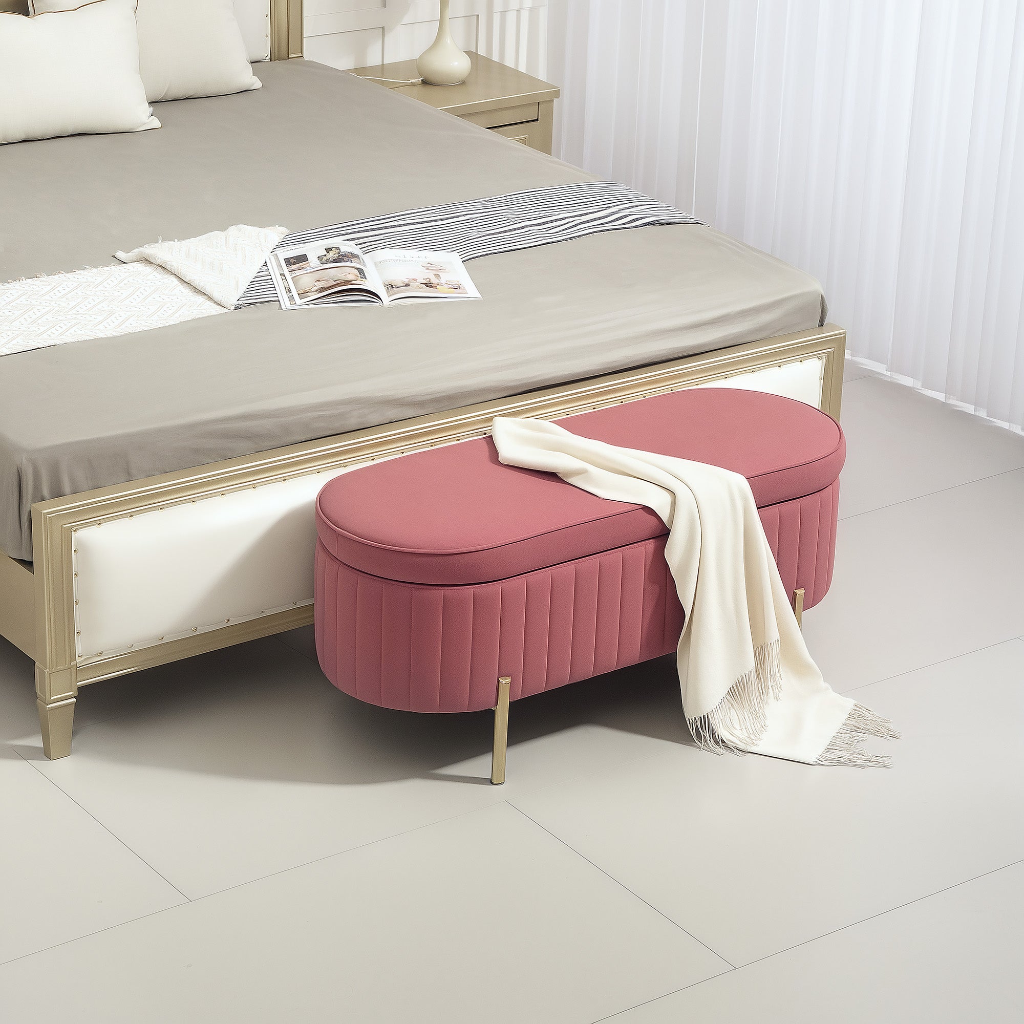 Banco Acolchoado Estofado Veludo Rosa 108x44x43,5 cm