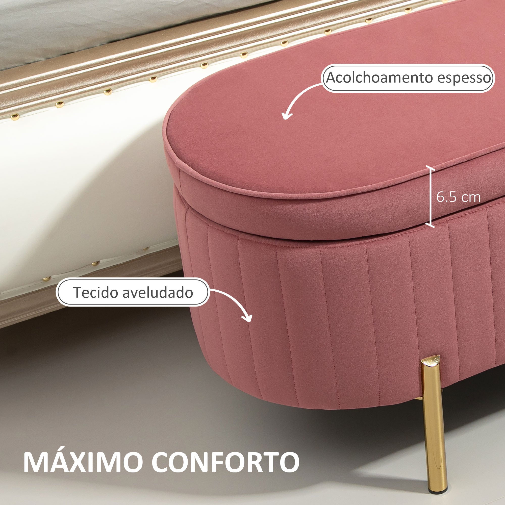 Banco Acolchoado Estofado Veludo Rosa 108x44x43,5 cm