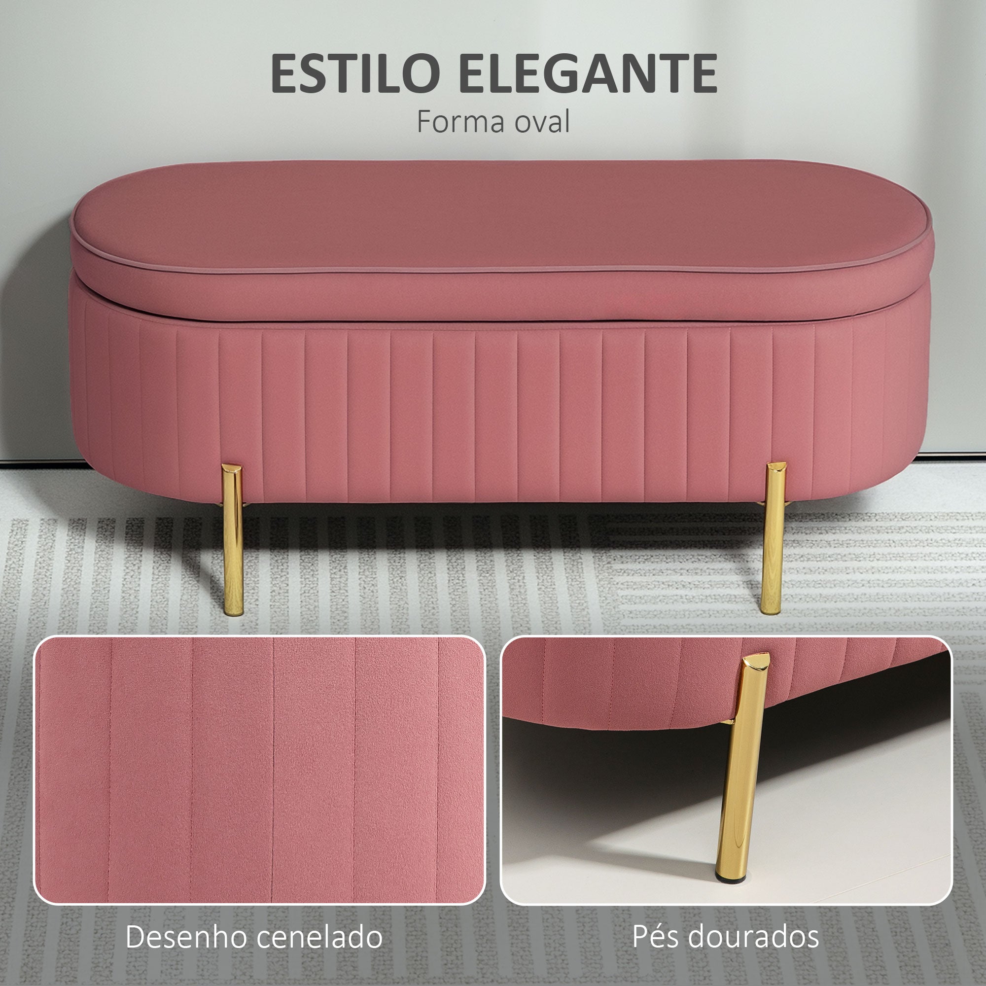 Banco Acolchoado Estofado Veludo Rosa 108x44x43,5 cm