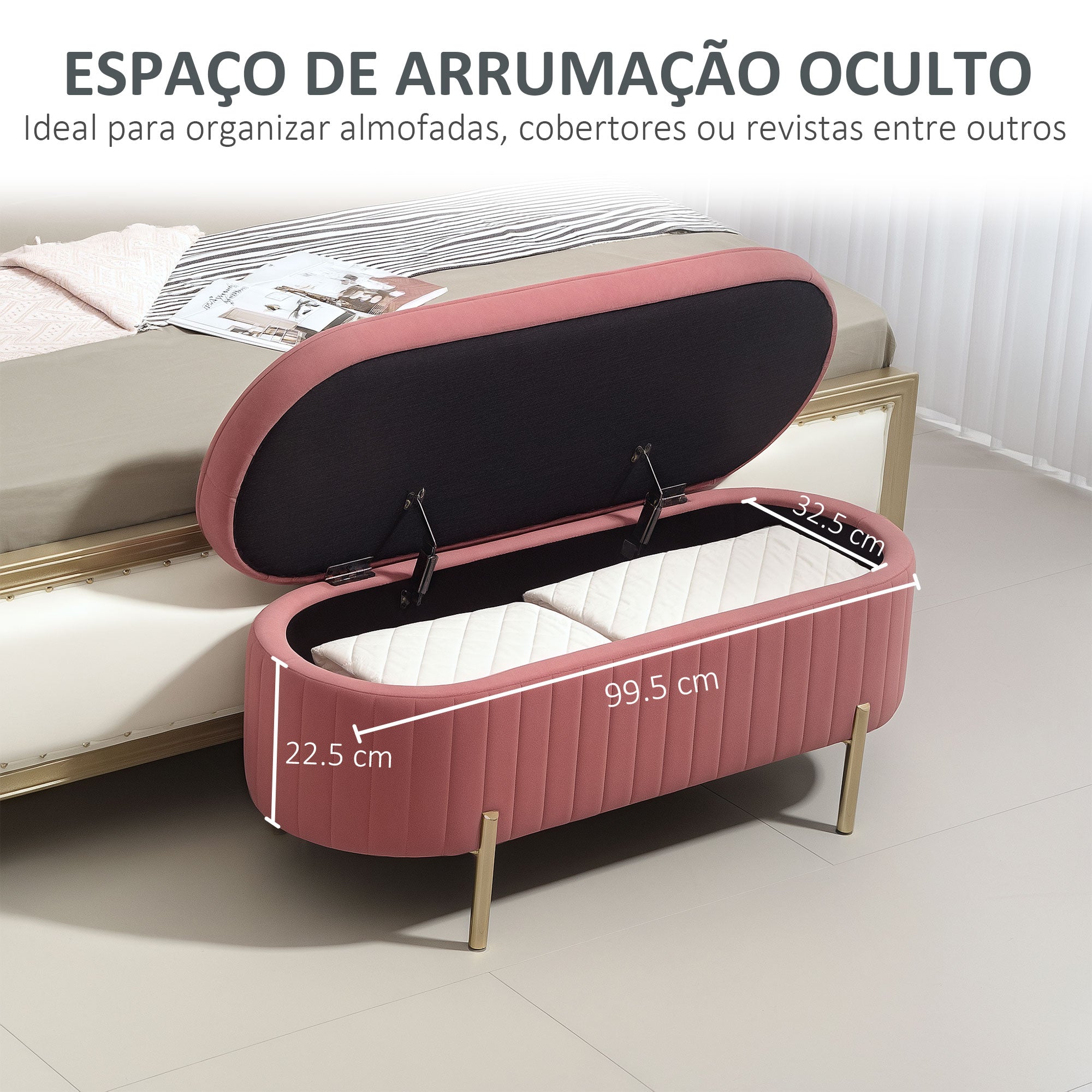 Banco Acolchoado Estofado Veludo Rosa 108x44x43,5 cm