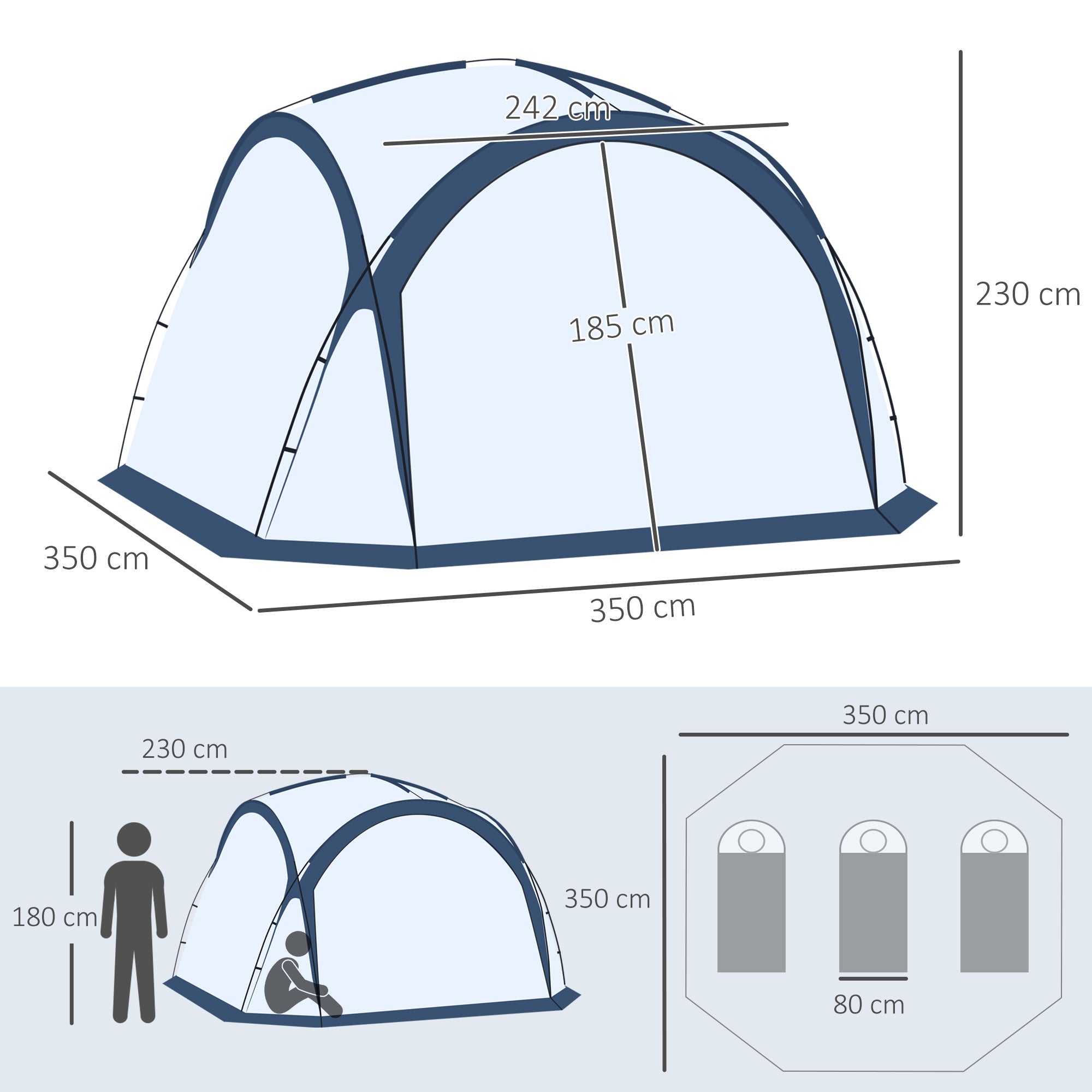 Abrigo de Campismo para 3-4 Pessoas 350x350x230 cm Branco e Azul