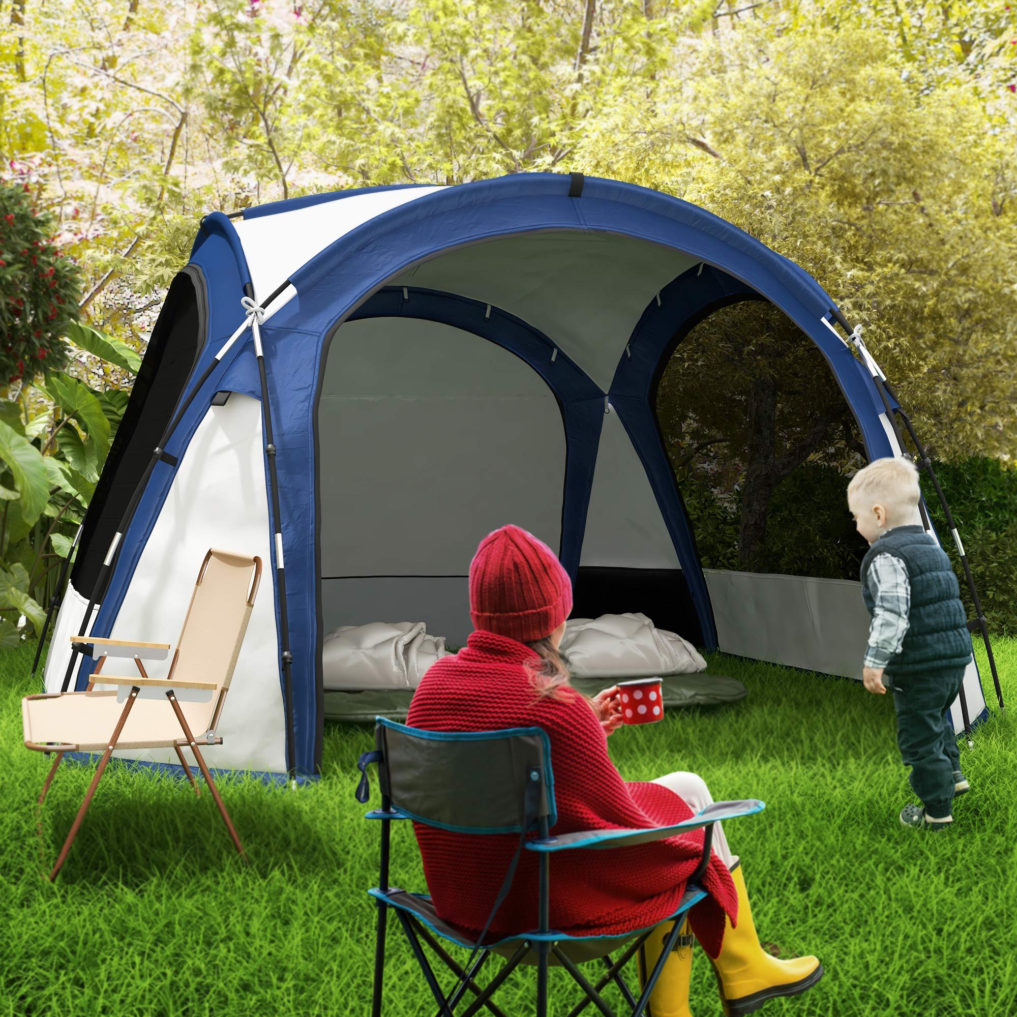 Abrigo de Campismo para 3-4 Pessoas 350x350x230 cm Branco e Azul