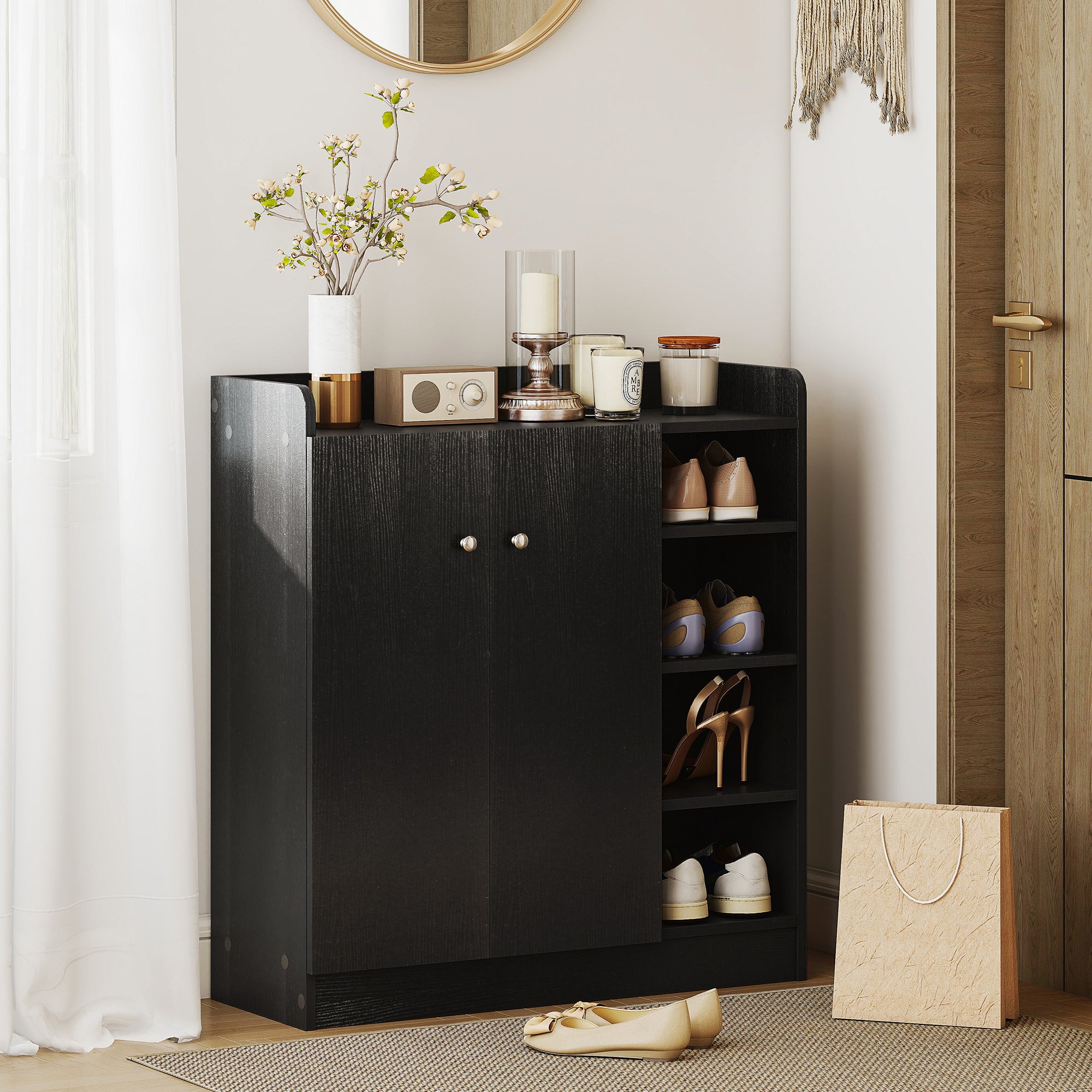 Sapateira Multiuso com 2 Portas e 4 Prateleiras Ajustáveis 83x30x90 cm - Cor Preto