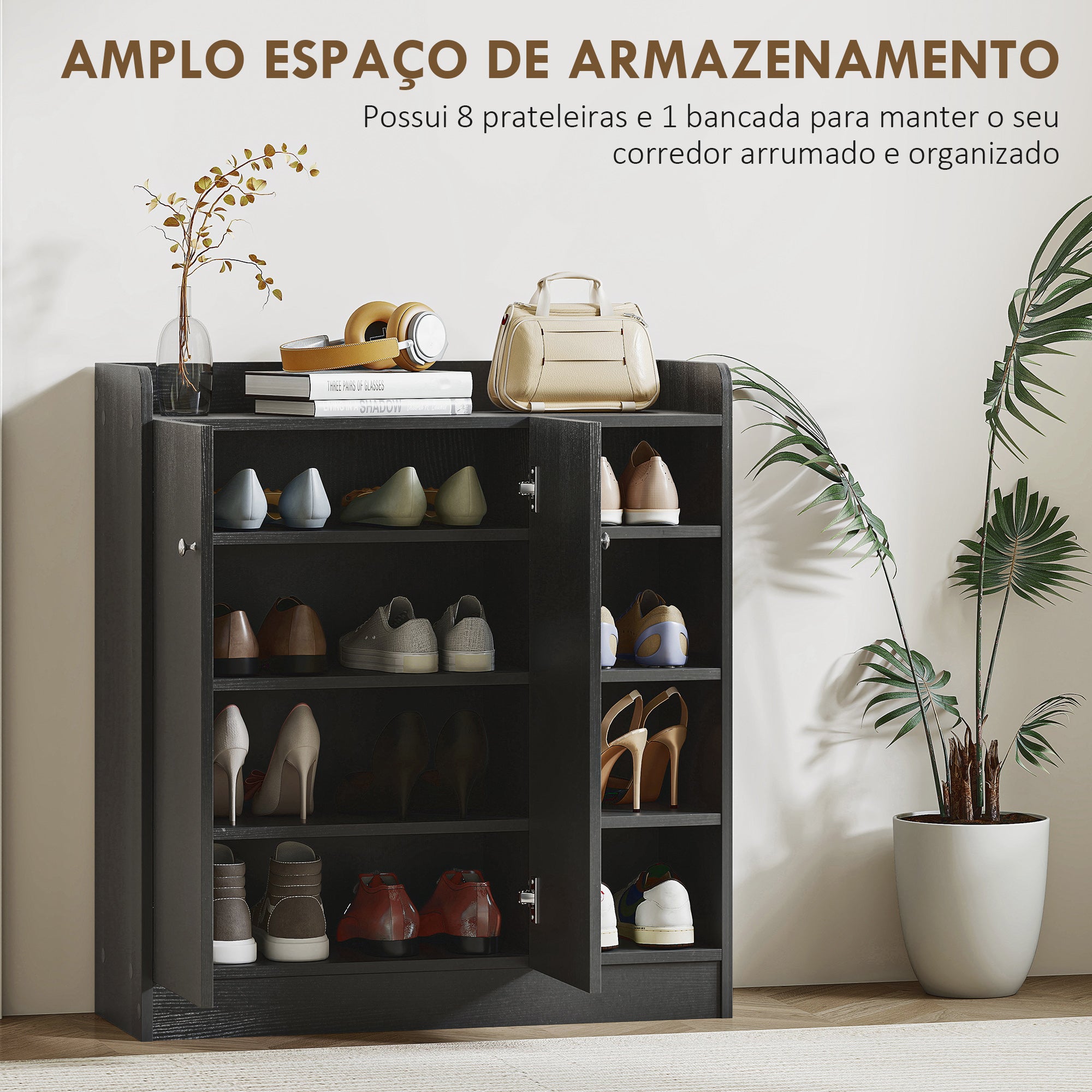 Sapateira Multiuso com 2 Portas e 4 Prateleiras Ajustáveis 83x30x90 cm - Cor Preto