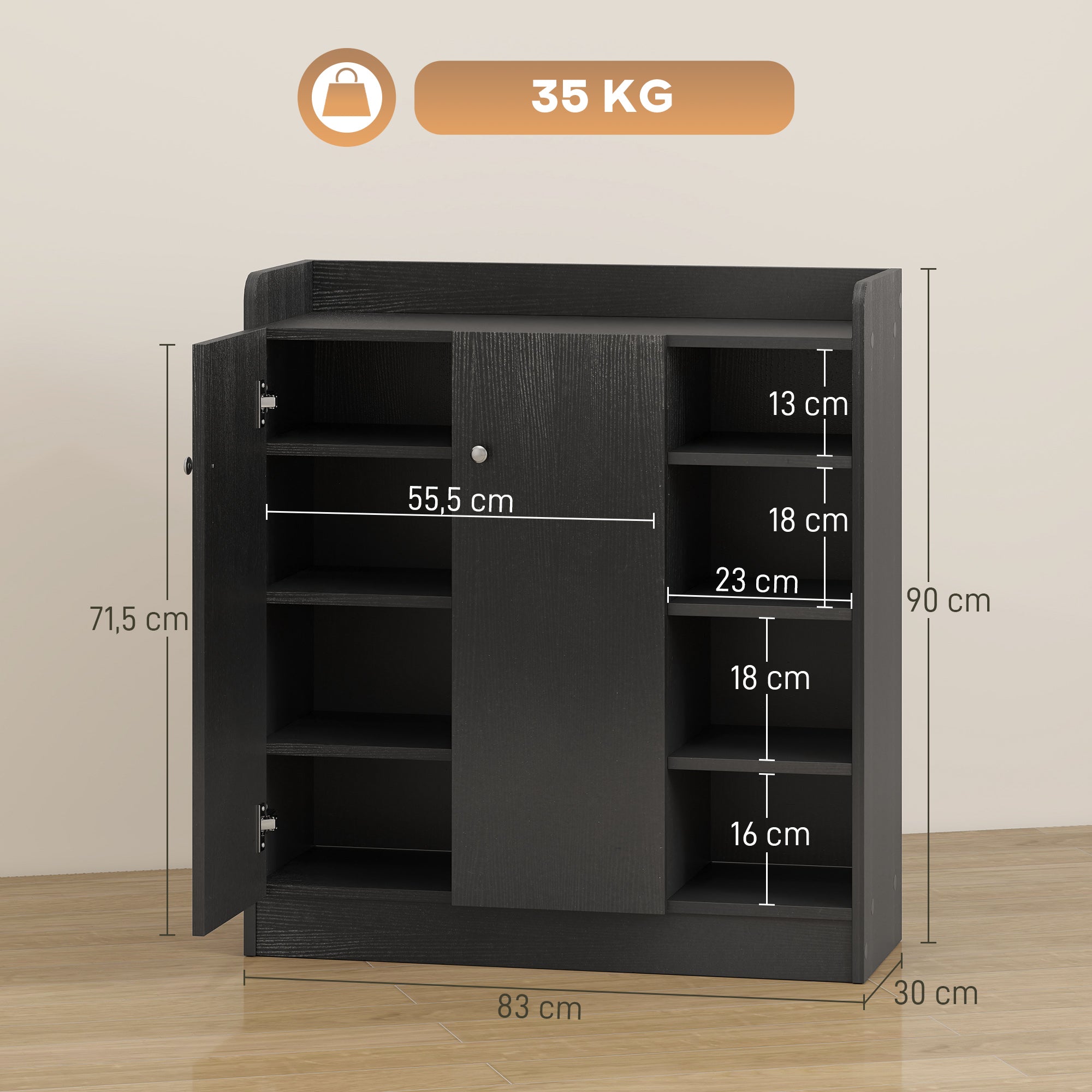 Sapateira Multiuso com 2 Portas e 4 Prateleiras Ajustáveis 83x30x90 cm - Cor Preto