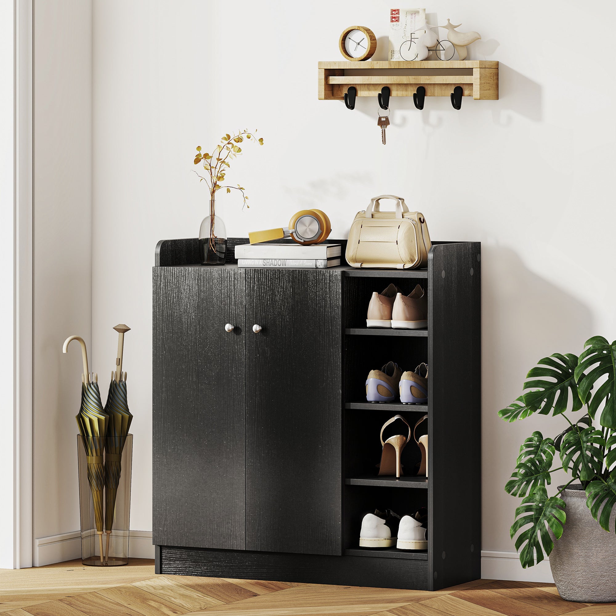 Sapateira Multiuso com 2 Portas e 4 Prateleiras Ajustáveis 83x30x90 cm - Cor Preto