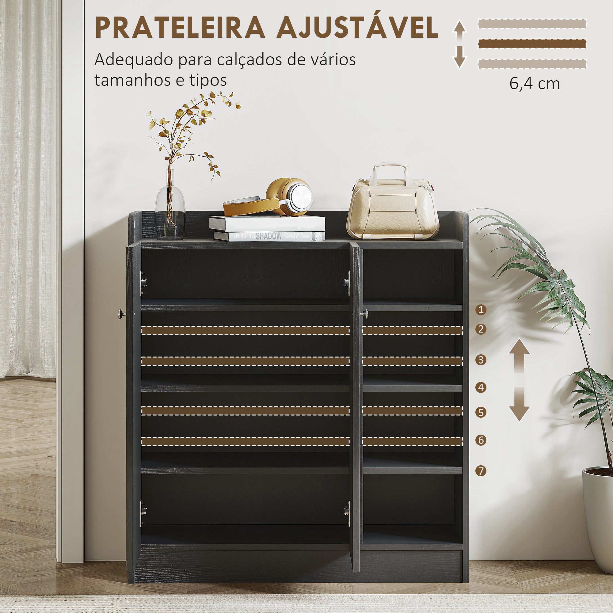 Sapateira Multiuso com 2 Portas e 4 Prateleiras Ajustáveis 83x30x90 cm - Cor Preto