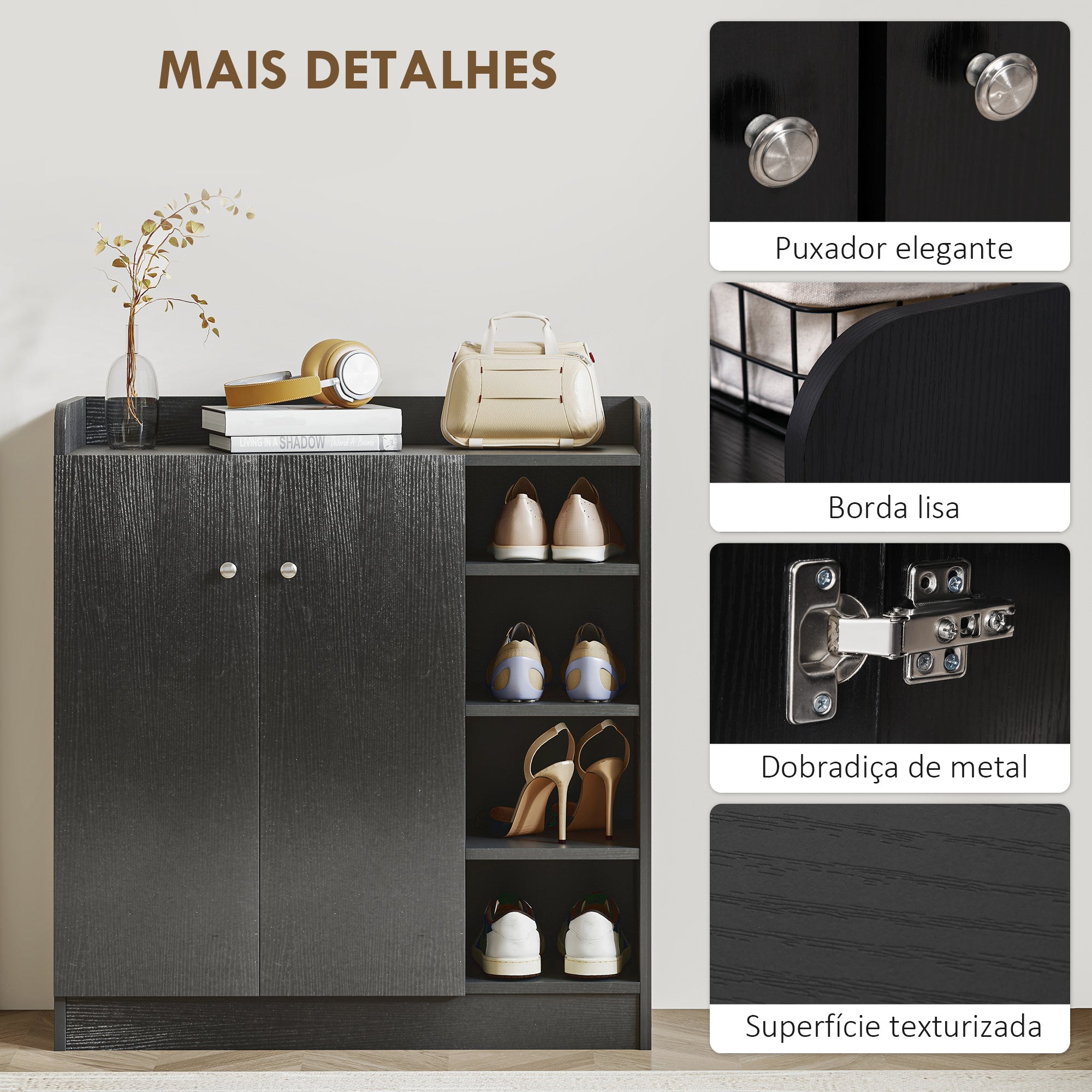 Sapateira Multiuso com 2 Portas e 4 Prateleiras Ajustáveis 83x30x90 cm - Cor Preto