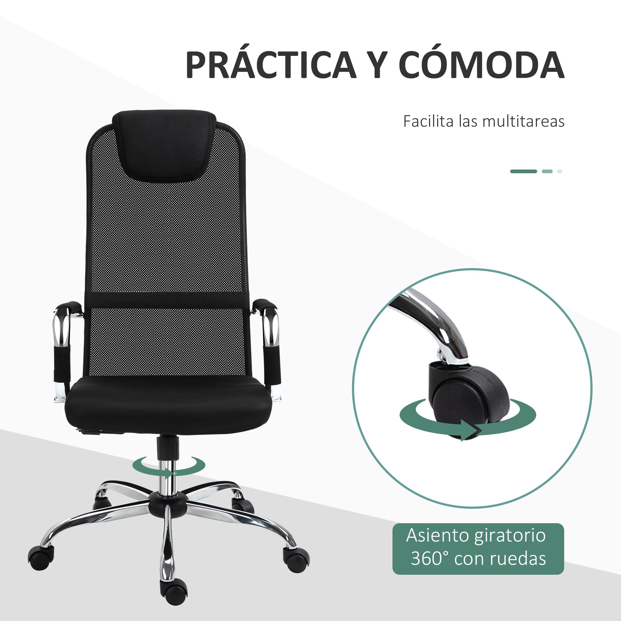Cadeira de Escritório Ergonômica Giratória e Basculante com Encosto de Cabeça - 65,5x62,5x117-127 cm - Black