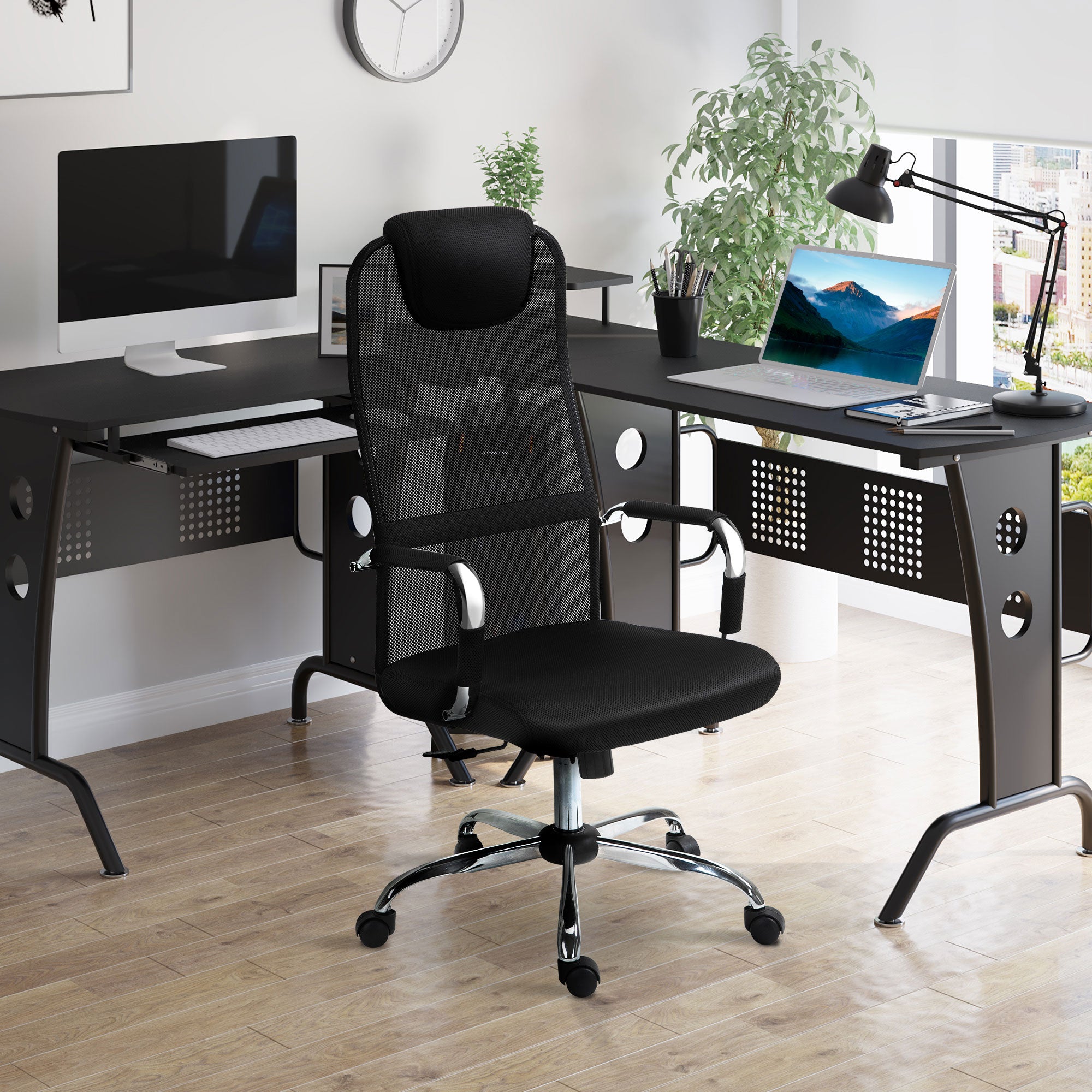 Cadeira de Escritório Ergonômica Giratória e Basculante com Encosto de Cabeça - 65,5x62,5x117-127 cm - Black