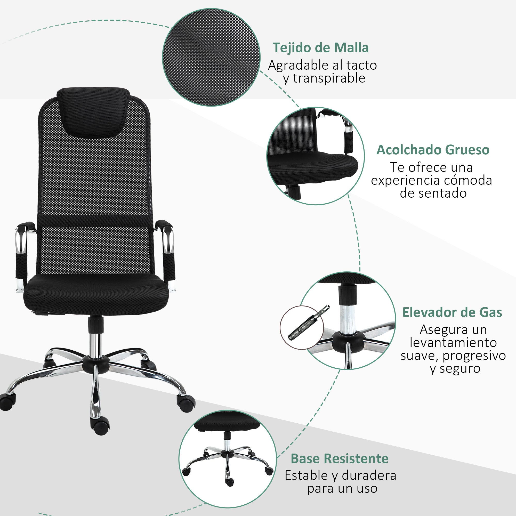 Cadeira de Escritório Ergonômica Giratória e Basculante com Encosto de Cabeça - 65,5x62,5x117-127 cm - Black